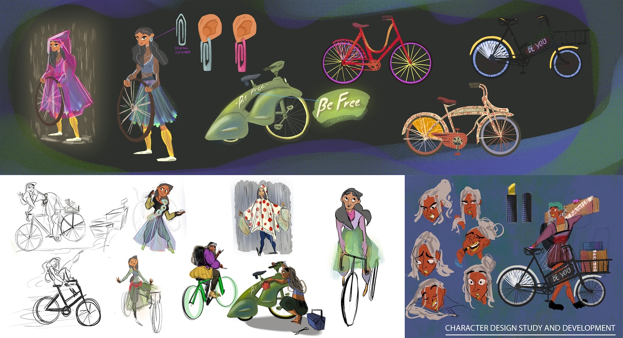Concept art and illustrations for various animated characters next to and riding bicycles.