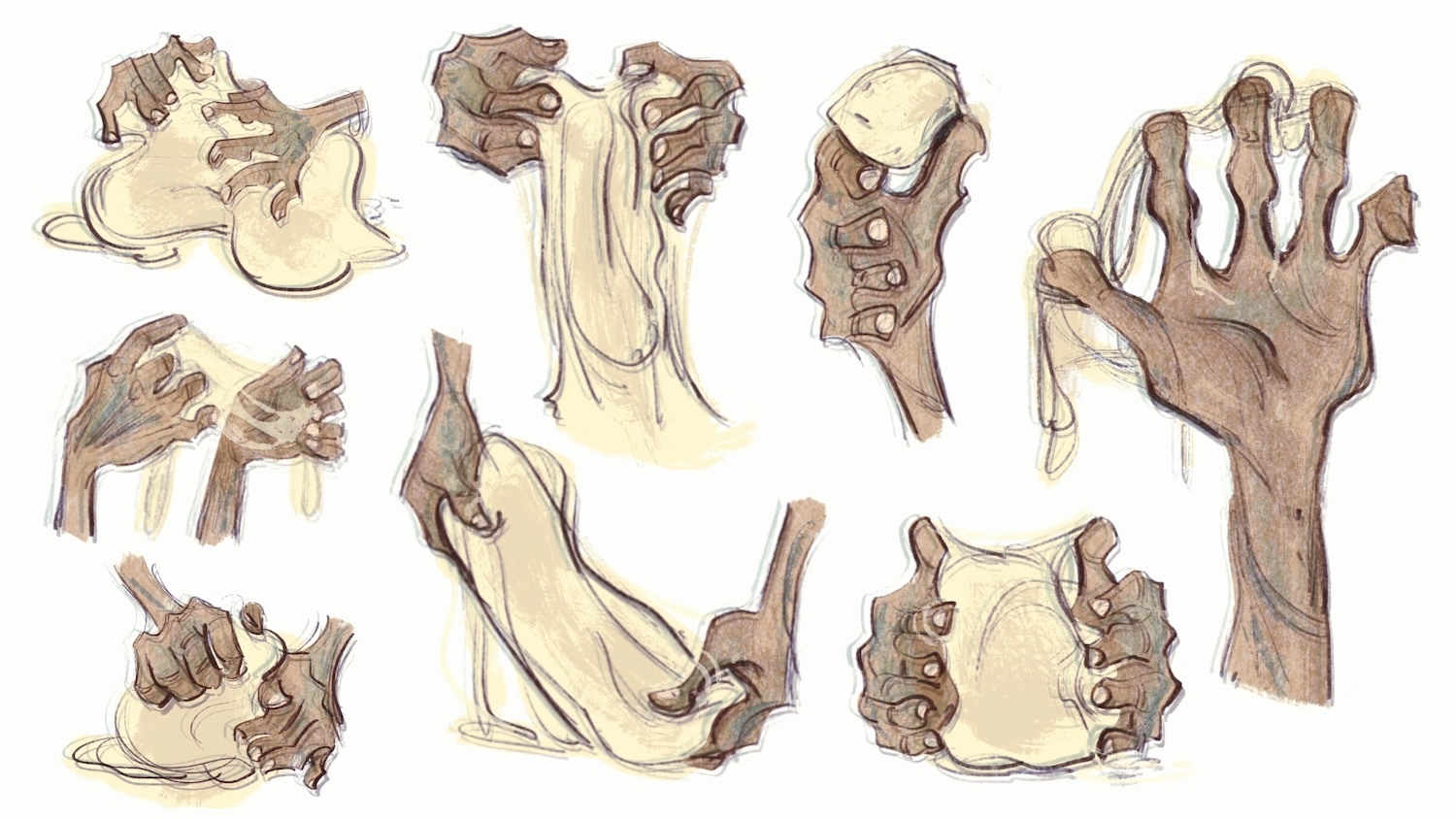 Animated hand study illustration of hands in various positions working with pizza dough.