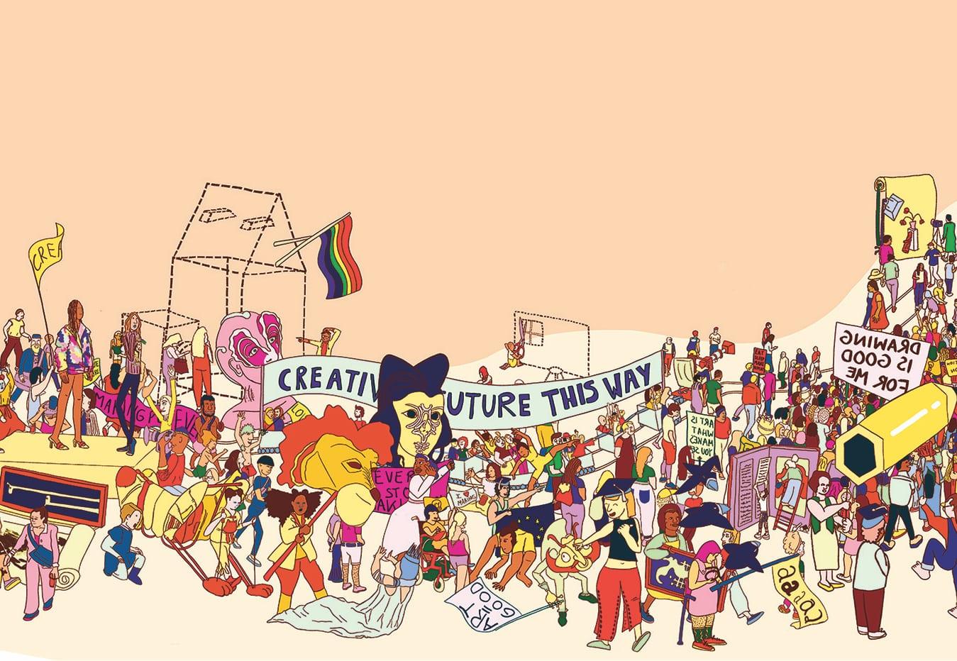 Illustration of a march in progress with people holding signs, flags and banners.