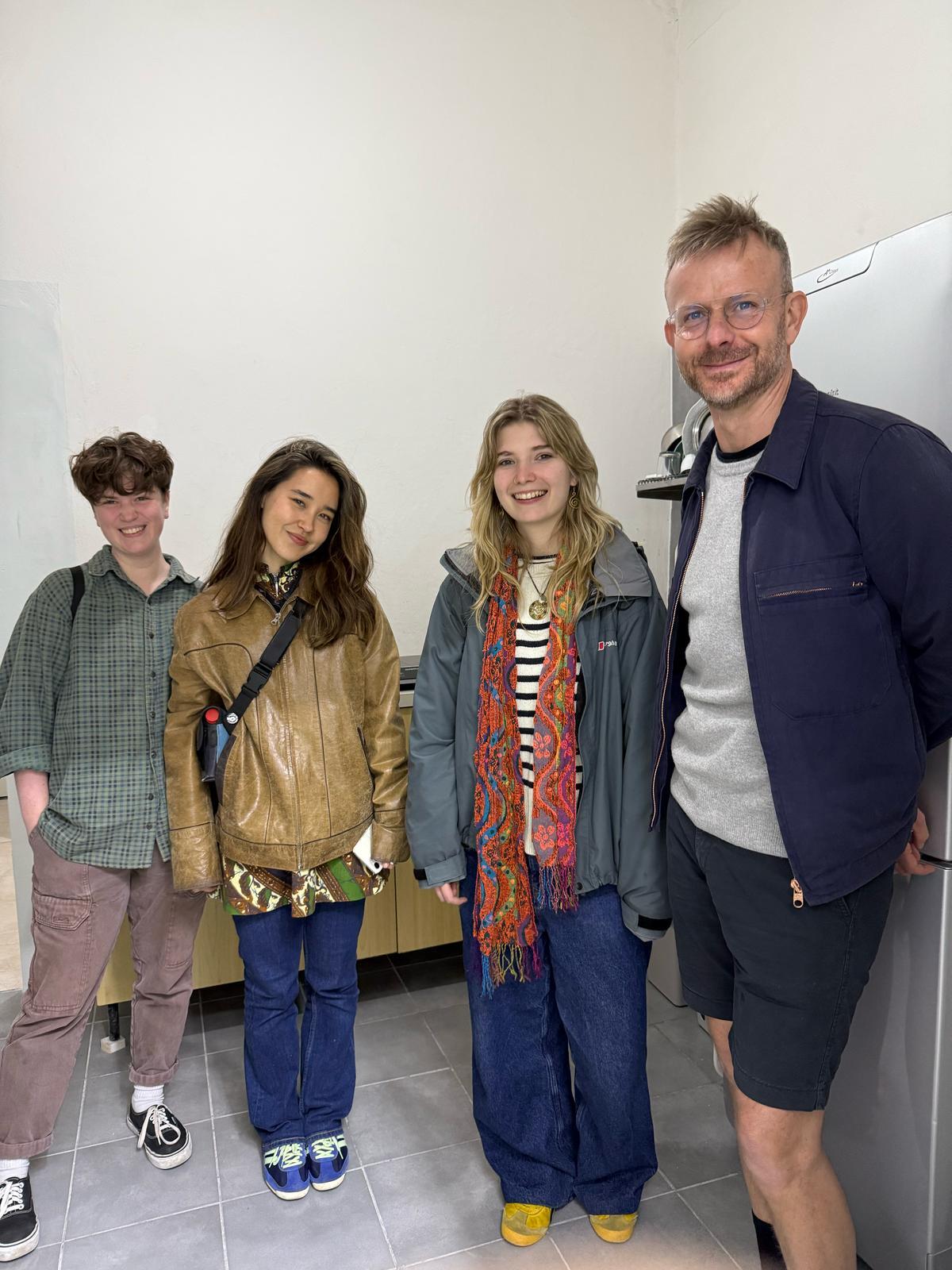 Will Sibley, Maria Aoyama, Lara Zimmern and BA (Hons) Fine Art course leader Richard Waring stood together.