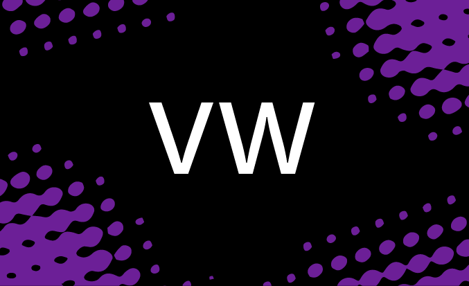 Black tile with purple pixellated accents and the initials VW in the centre.