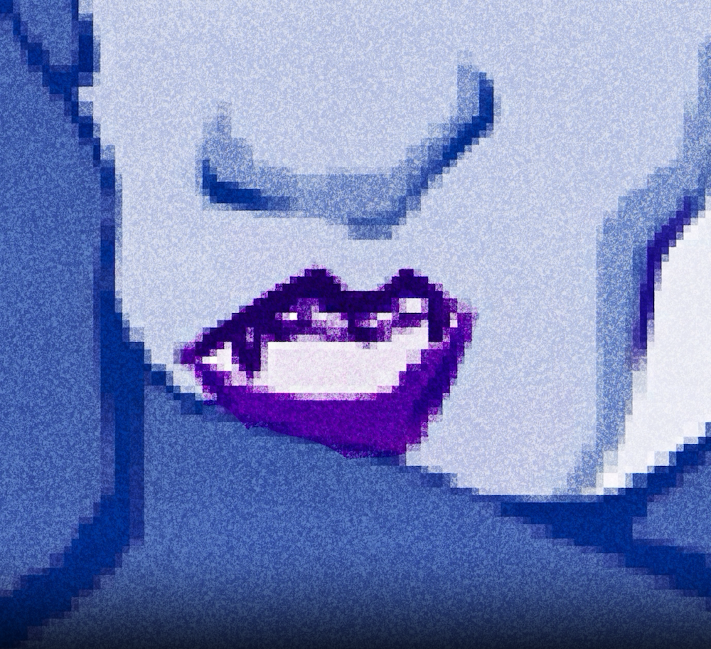 Pixelated digital artwork showing purple lips with white teeth against blue and white geometric shapes in varying shades.