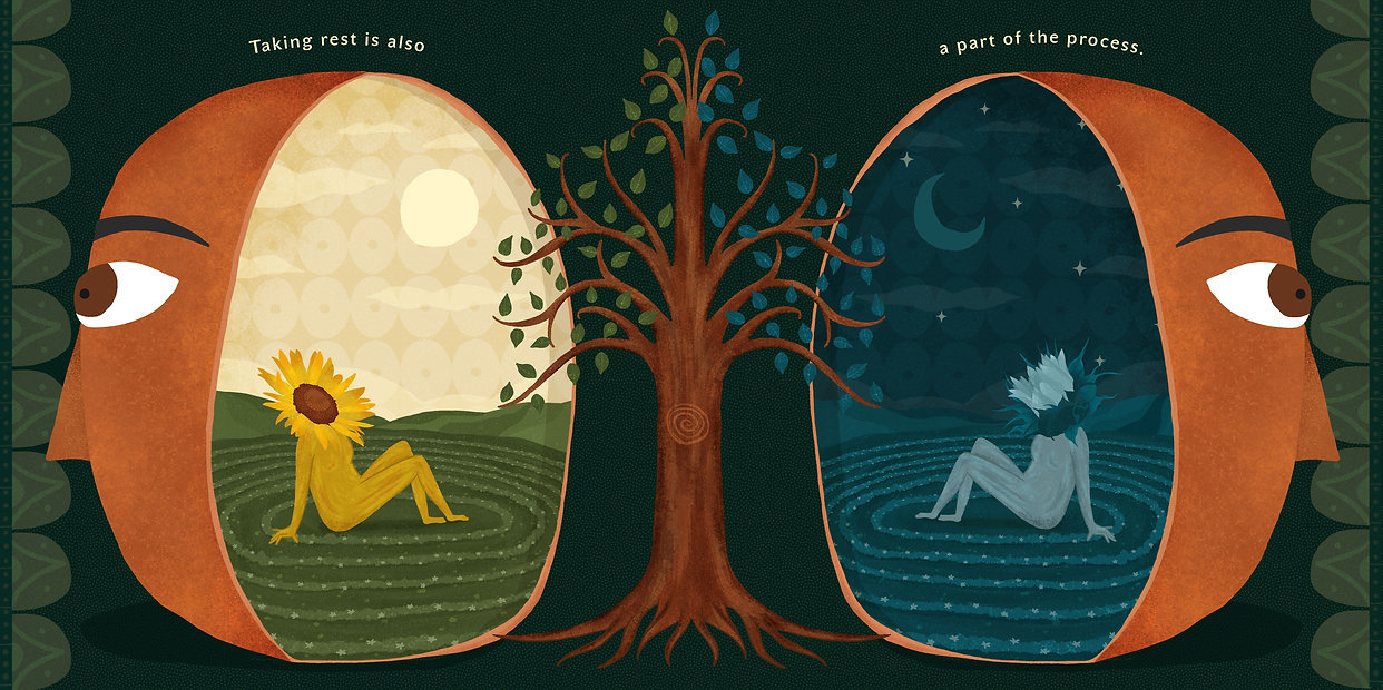 Illustration of two human heads looking away to the left and the right, with a tree in the middle. Inside the left-hand head is a person with a sunflower for a head sitting on a field with the sun shining in the background. Inside the right-hand head, a person with a moon flower for a head lies in the same field at night with a crescent moon visible above.