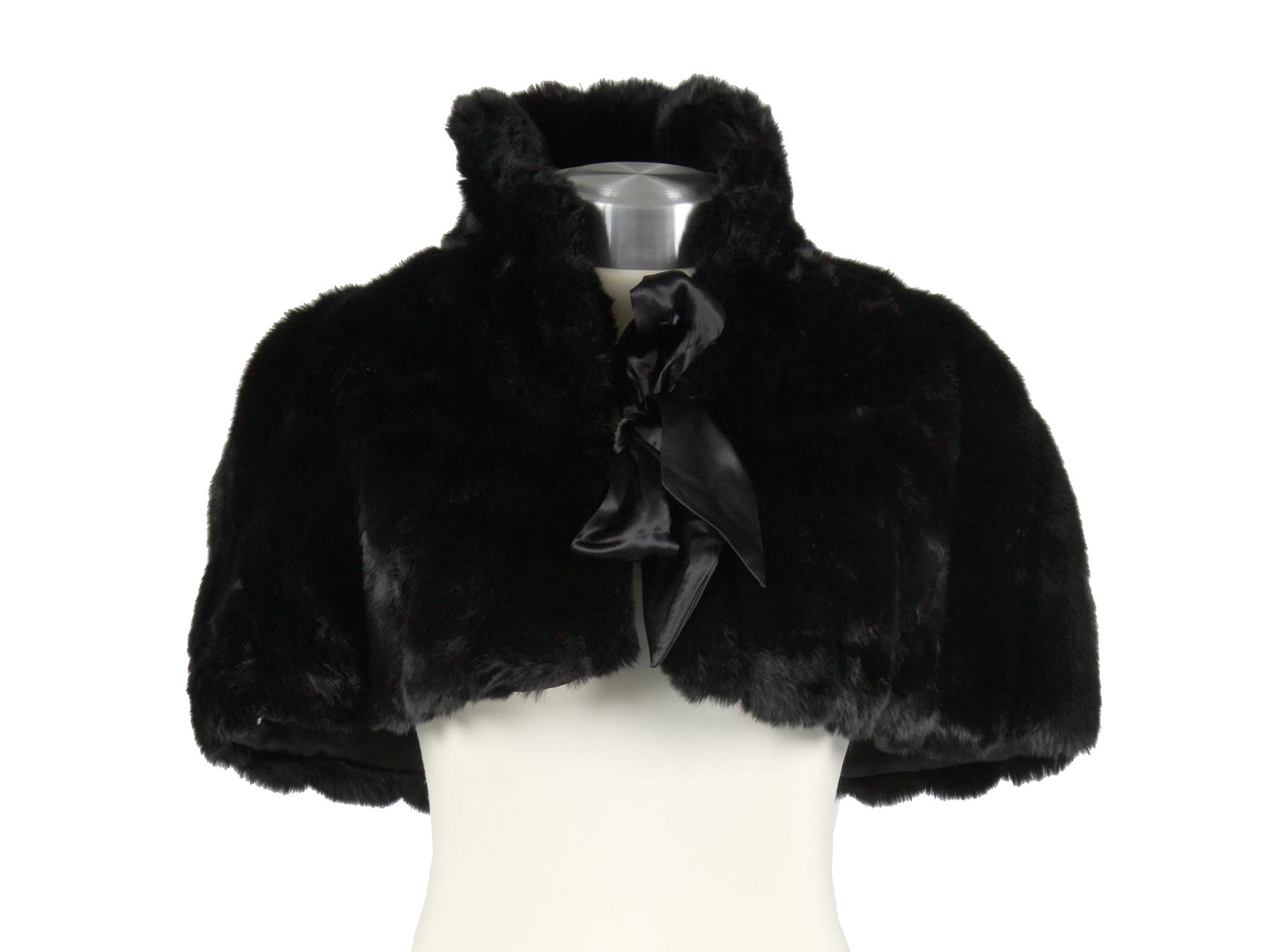 A black cape that looks very similar to one made from fur but is in fact made out of plastic