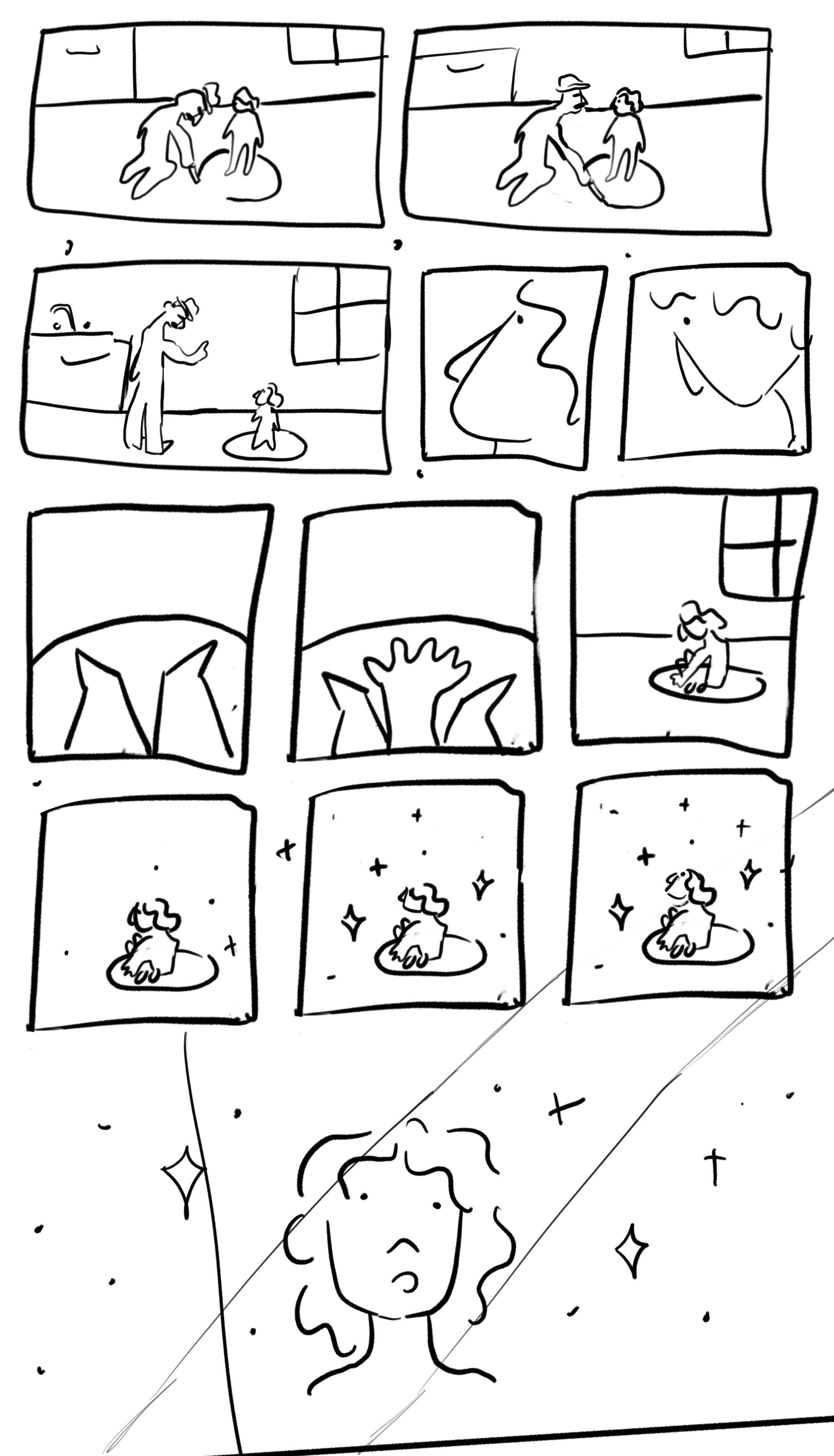 Thick line drawings on a white page making up a comic strip made up of 12 panels.