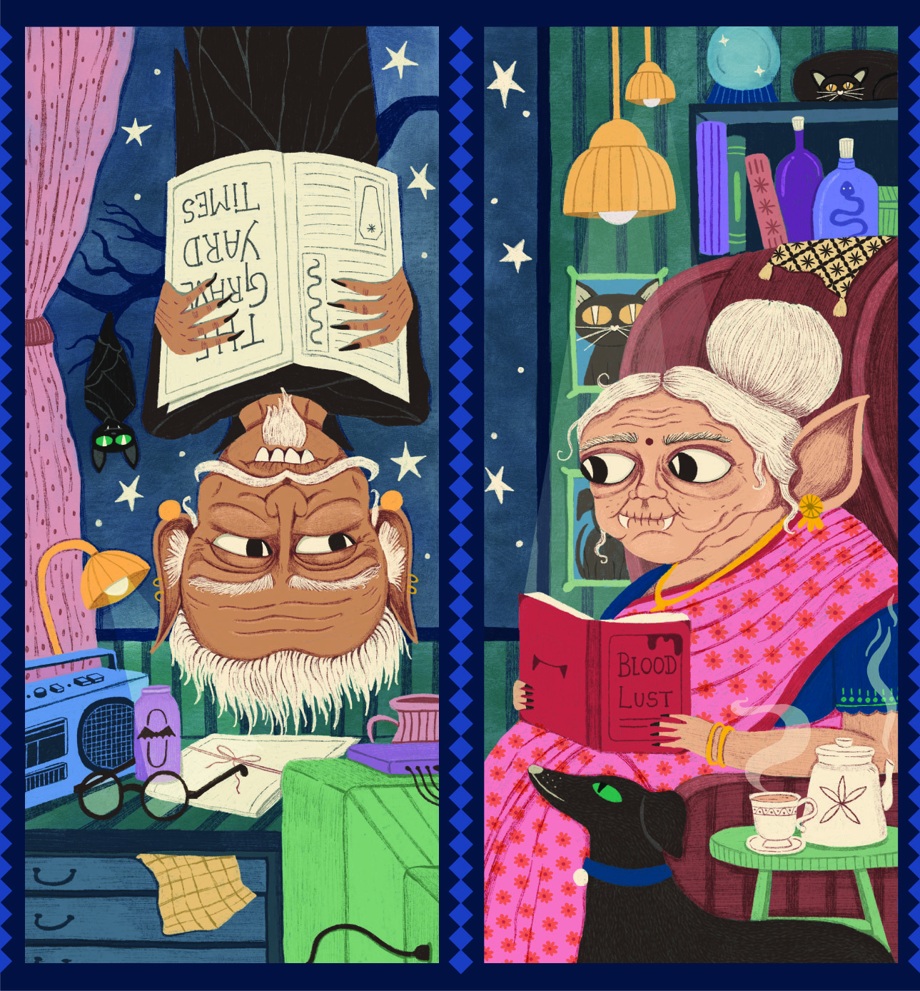 Illustration of two elderly Indian folklore characters, Vehaalam and Kaateri, reading books indoors. Left figure has white beard, book balanced on head. Right figure wears pink shawl, holds red book. Cosy interior with bookshelves, warm lighting.