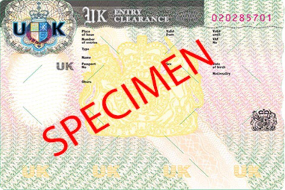 UK Entry Clearance visa travel vignette specimen with red diagonal "SPECIMEN" text, security watermarks, and official crests on light background.