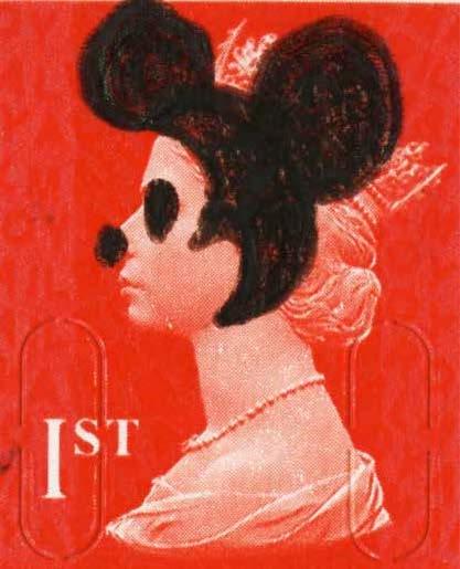 An artwork depicting a British stamp with a mickey mouse drawn over the Queen