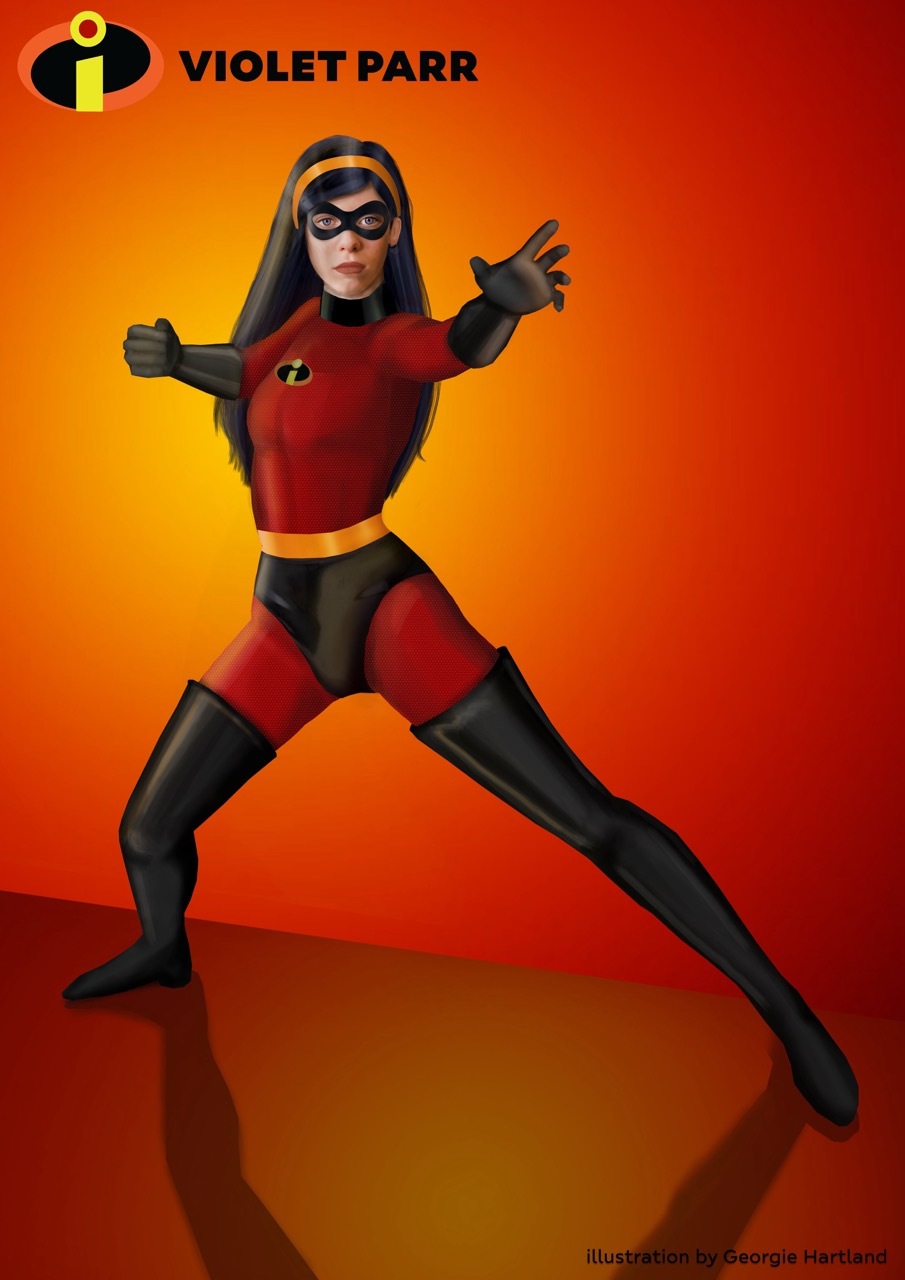 Illustrated costume design for Violet Parr from The Incredibles in red, orange background.