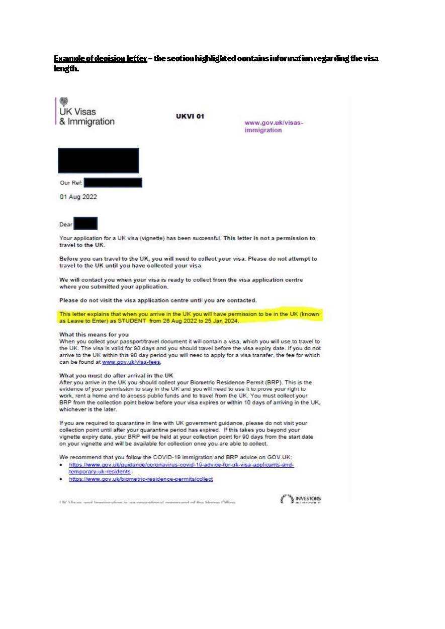 UK Visas & Immigration decision letter with black redaction bars covering personal details, dated 01 Aug 2022, containing visa application instructions and COVID-19 guidance.