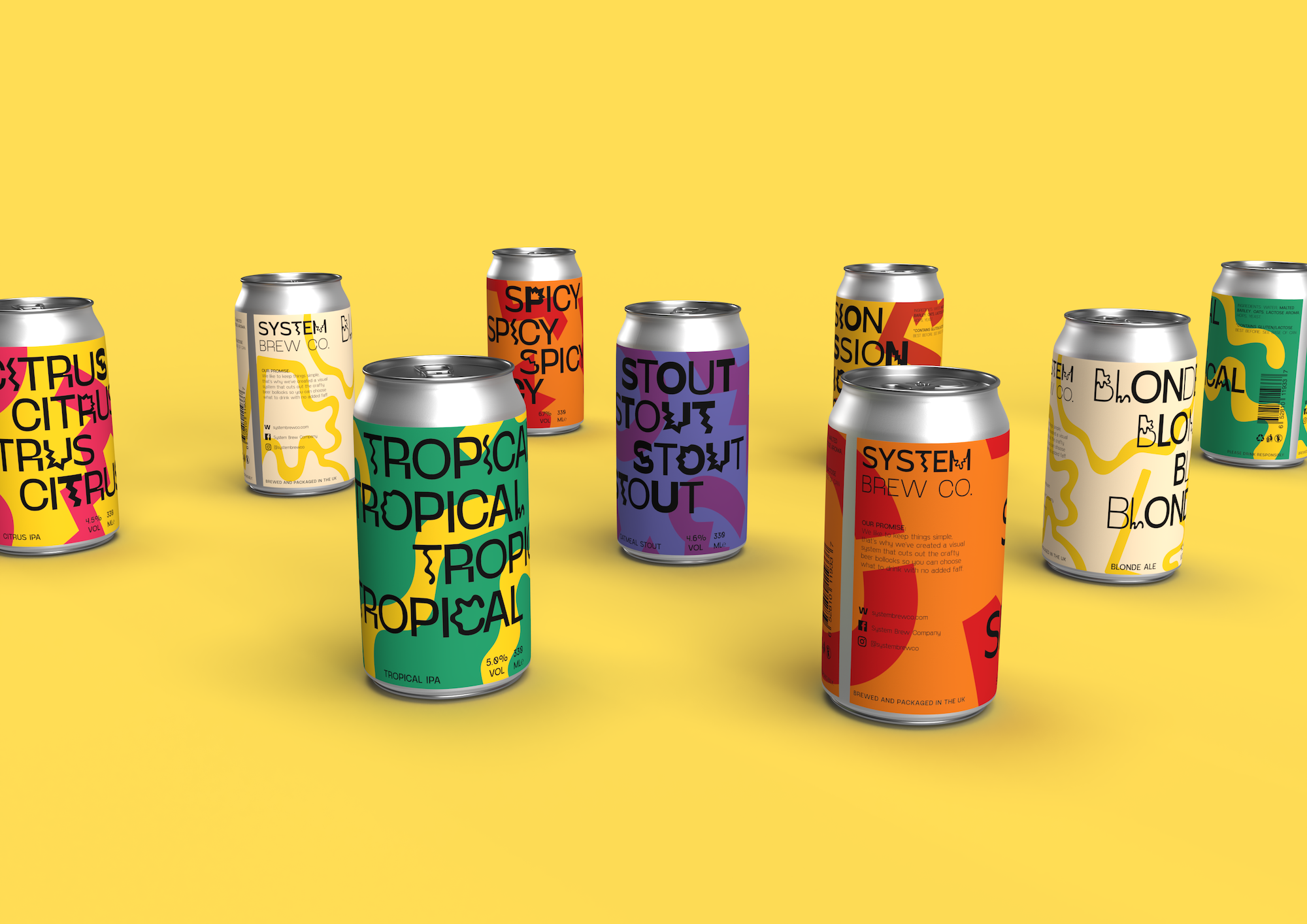 Collection of colourful beer cans with bold typography arranged on bright yellow background, featuring green, purple, orange, and white designs.