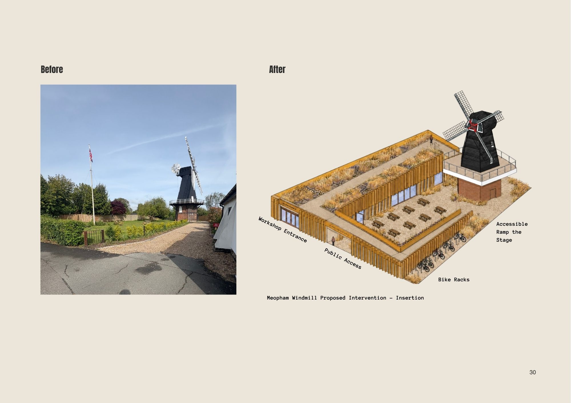 A before-and-after presentation shows a windmill site, with a photo of the existing building on the left and a 3D design of the proposed intervention on the right, including seating, racks and access paths.