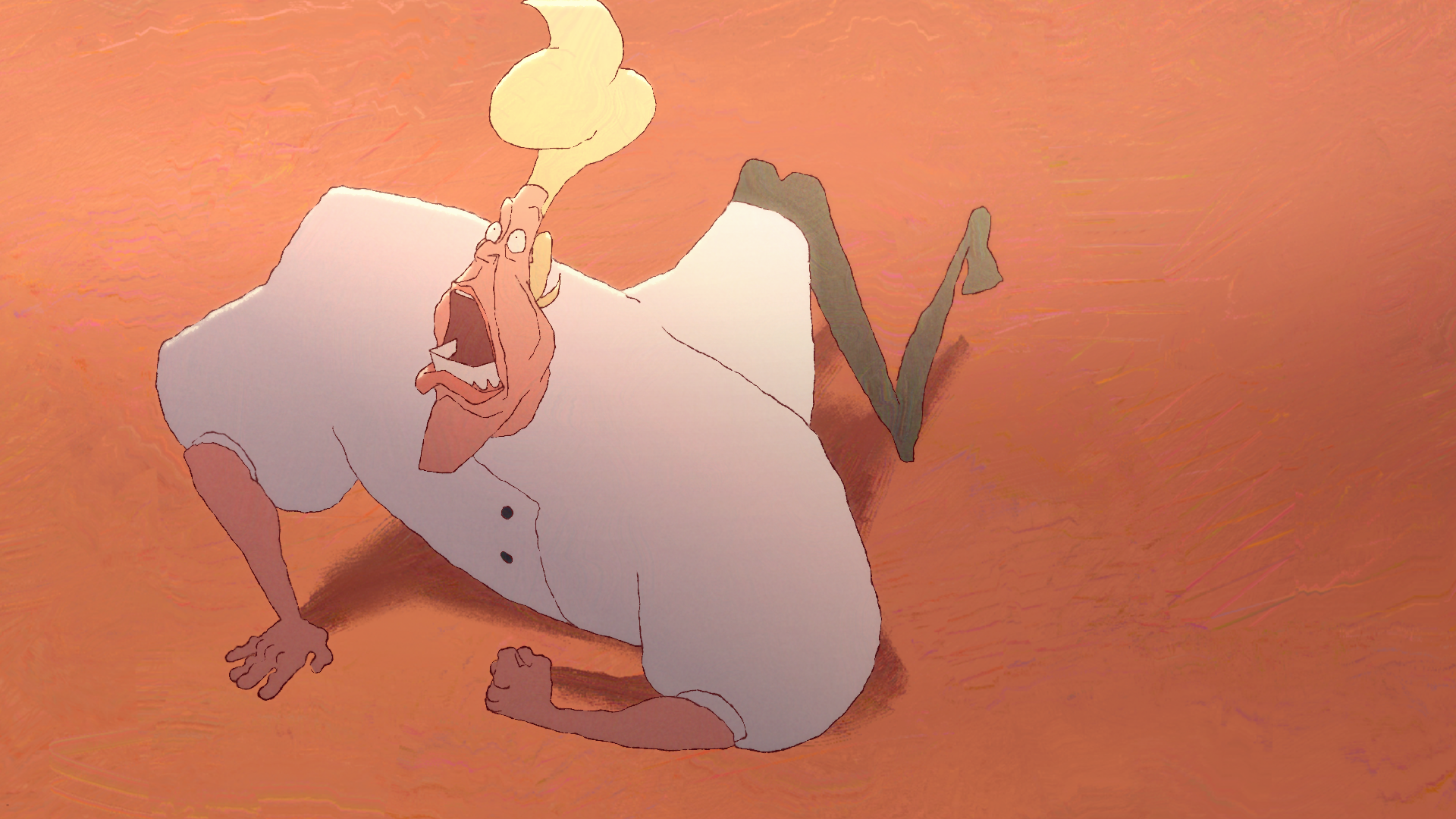 Animation still of a chef prostrated on the floor, looking up with an anguished expression and pounding the ground.