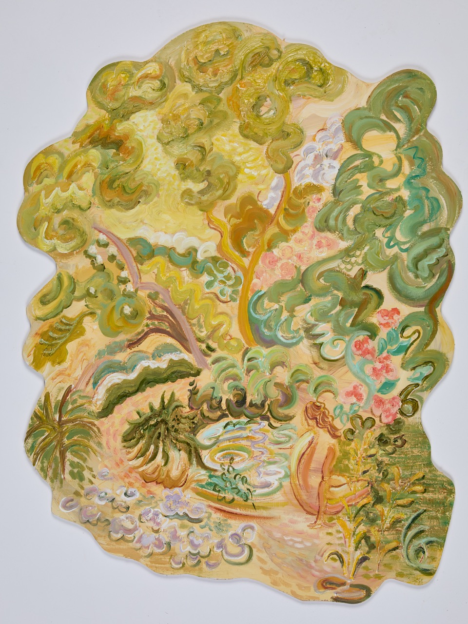 A vibrant, abstract depiction of a natural scene featuring lush greenery, swirling trees, and blooms, with a small pond in the centre. A figure is seated near the water, surrounded by a variety of plants and flowers.