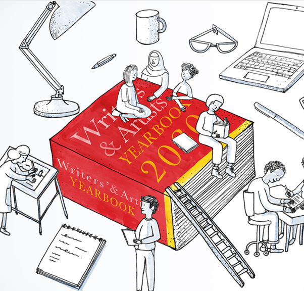 Illustrated people around a large red writers’ and artists’ yearbook, with a laptop, lamp, mug and pens arranged on a white background.