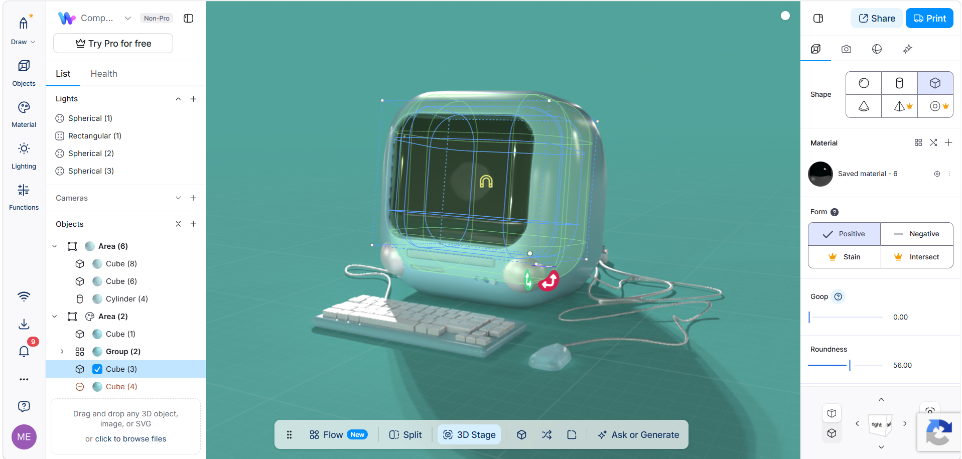 Screenshot of the WOMP software interface showing a 3D model of a green, retro-style computer monitor and keyboard.