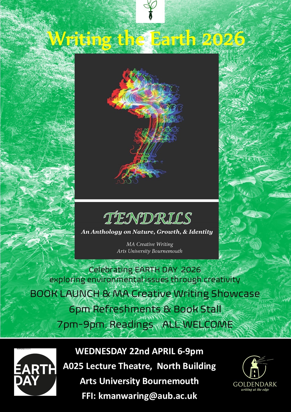 Green textured poster with yellow title "Writing the Earth 2026". Central black square contains colourful tree silhouette in rainbow hues. "TENDRILS" in bold letters below with event details and Earth Day logo.