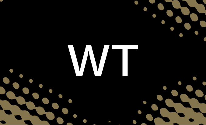 Black tile with gold pixellated accents and the initials "WT" in the centre.
