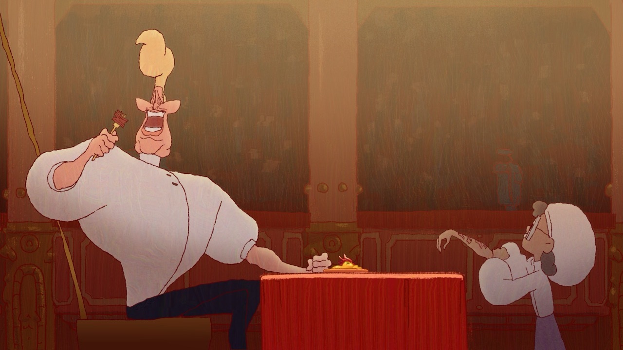 Film still for 'Why Won't Anyone Eat Me?' showing two chefs at a red table.