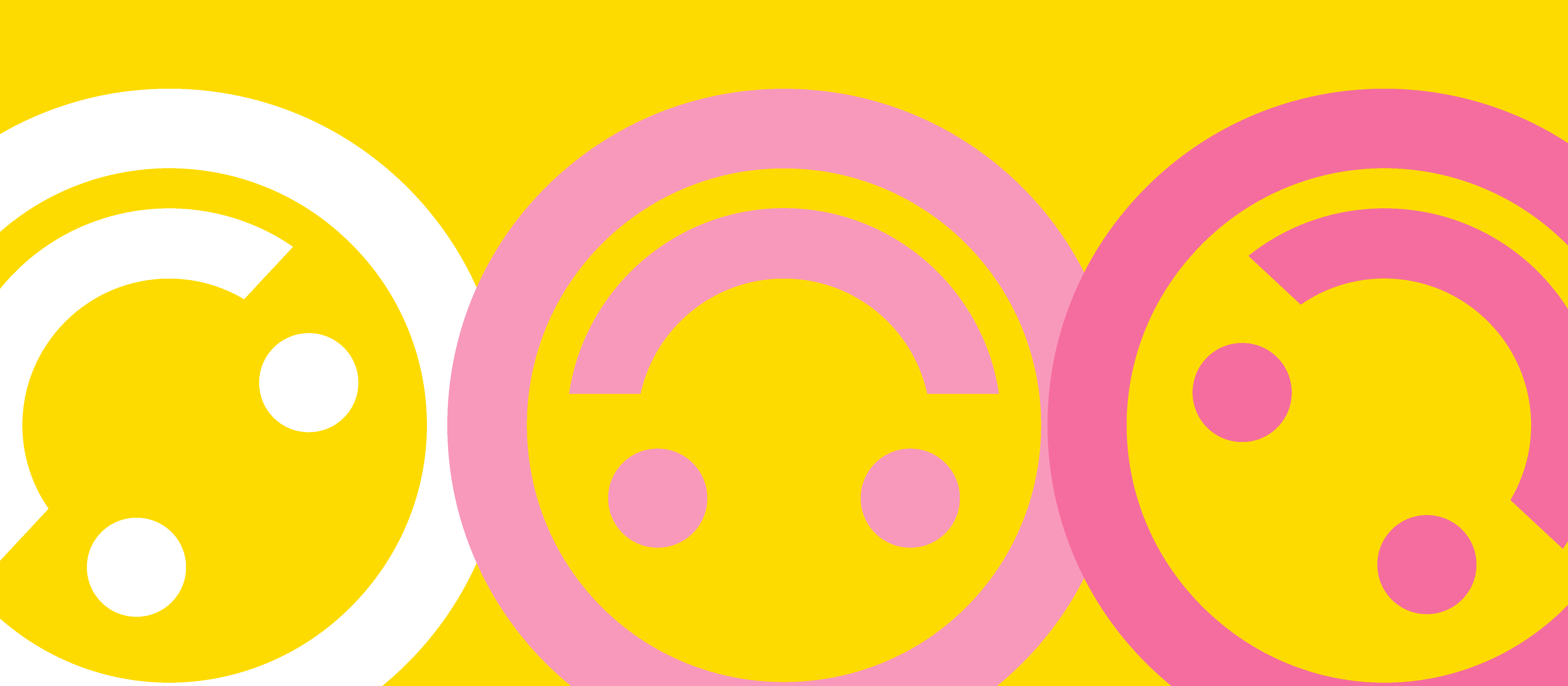 Decorative yellow banner with three upside-down smiley faces.