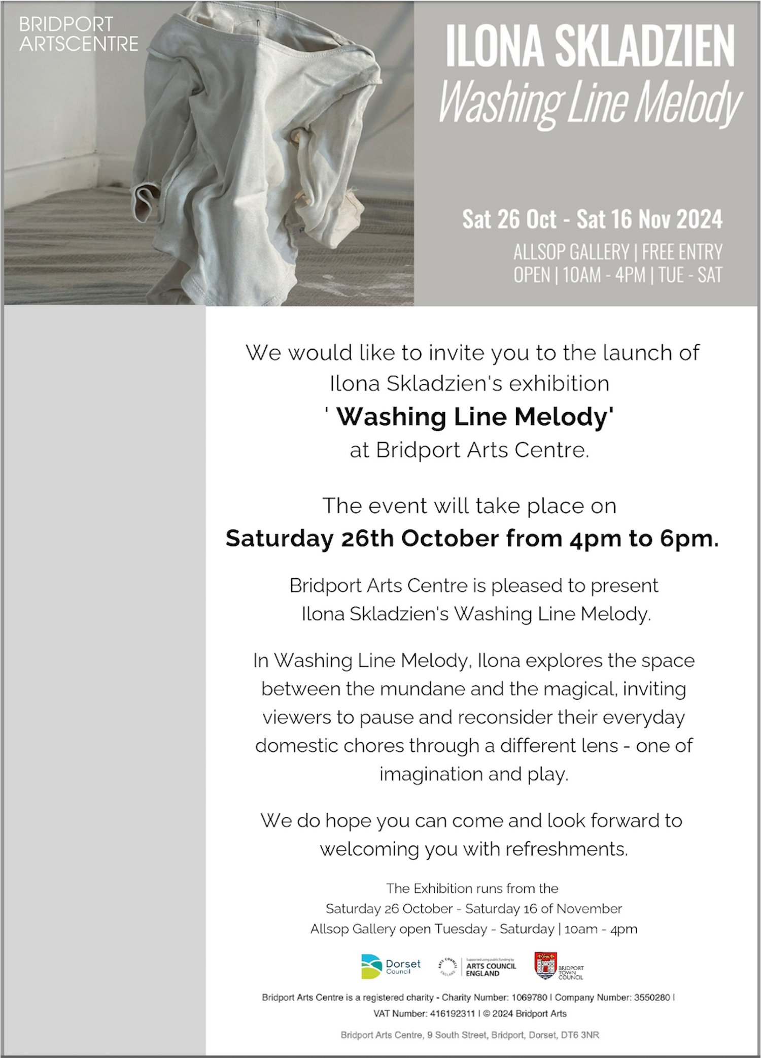 Exhibition poster featuring draped white fabric painting, grey background. Text announces Ilona Skladzien's "Washing Line Melody" show at Bridport Arts Centre, 26 Oct-16 Nov 2024.