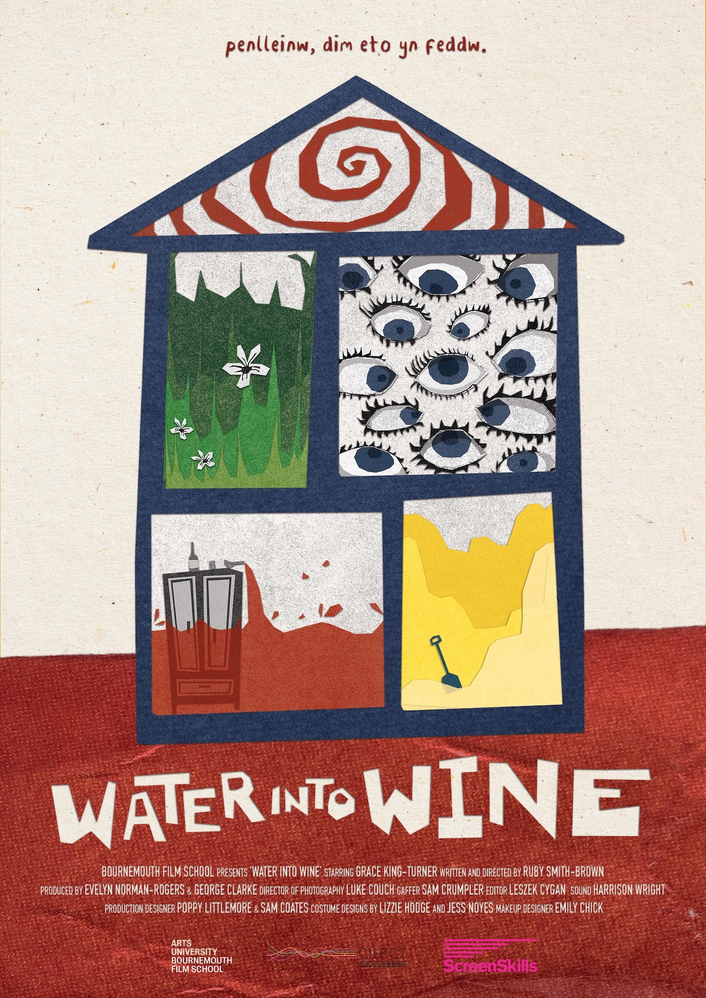 Film poster with house-shaped design containing four panels: red spiral roof, green grass with flowers, white panel with multiple eyes, red room with door, and yellow panel with small figure. Red ground below.
