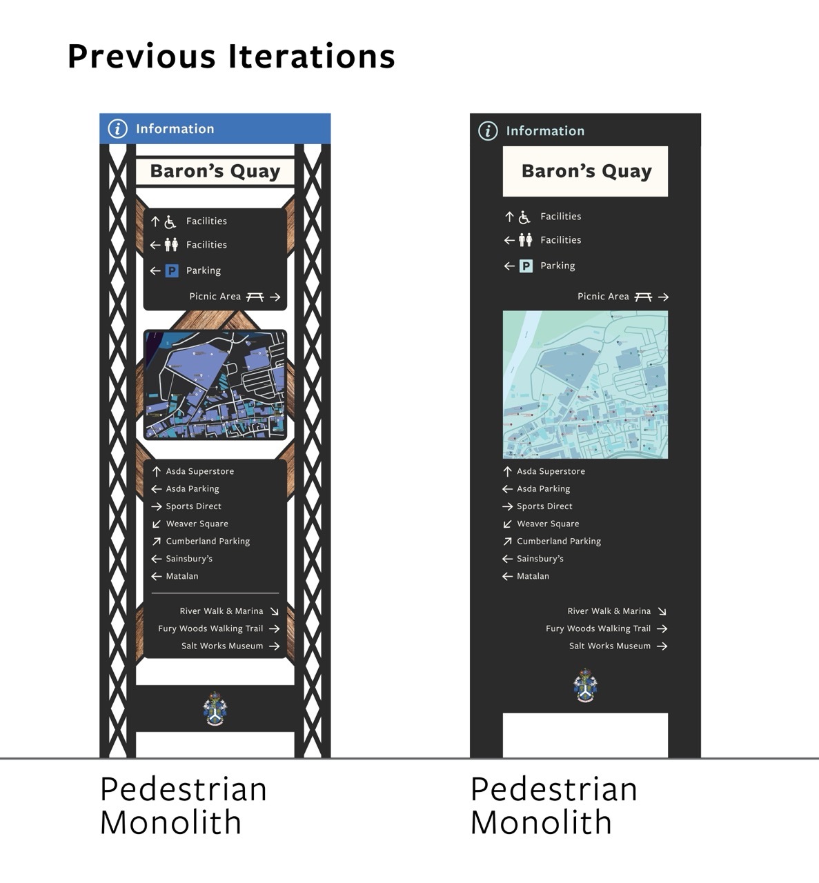 Two mock-ups of pedestrian wayfinding monoliths for Baron's Quay, both featuring maps, one with more patterned detailing and the other on a dark background.