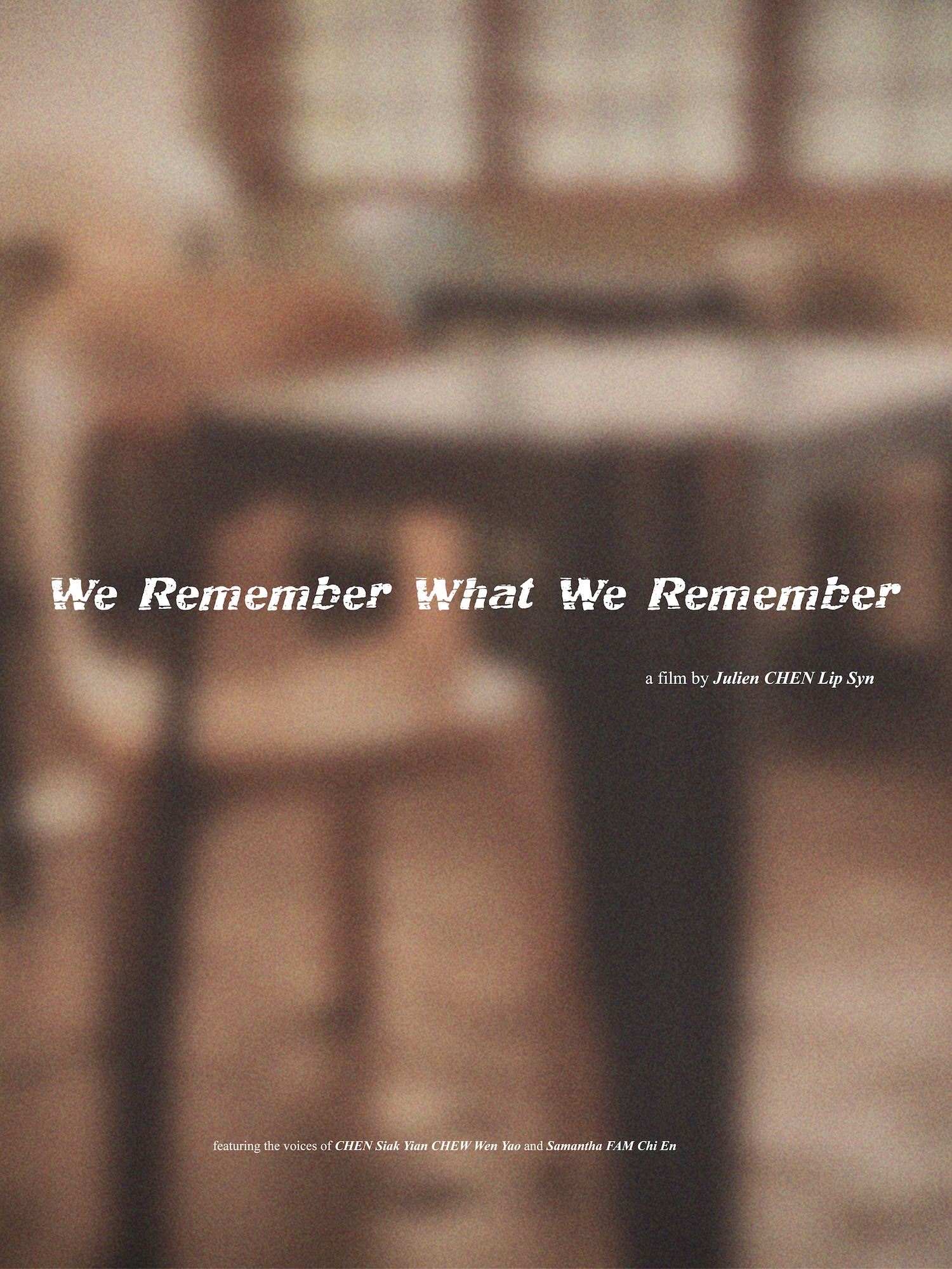 Blurred indoor scene with a chair and table behind the title text, "We Remember What We Remember".