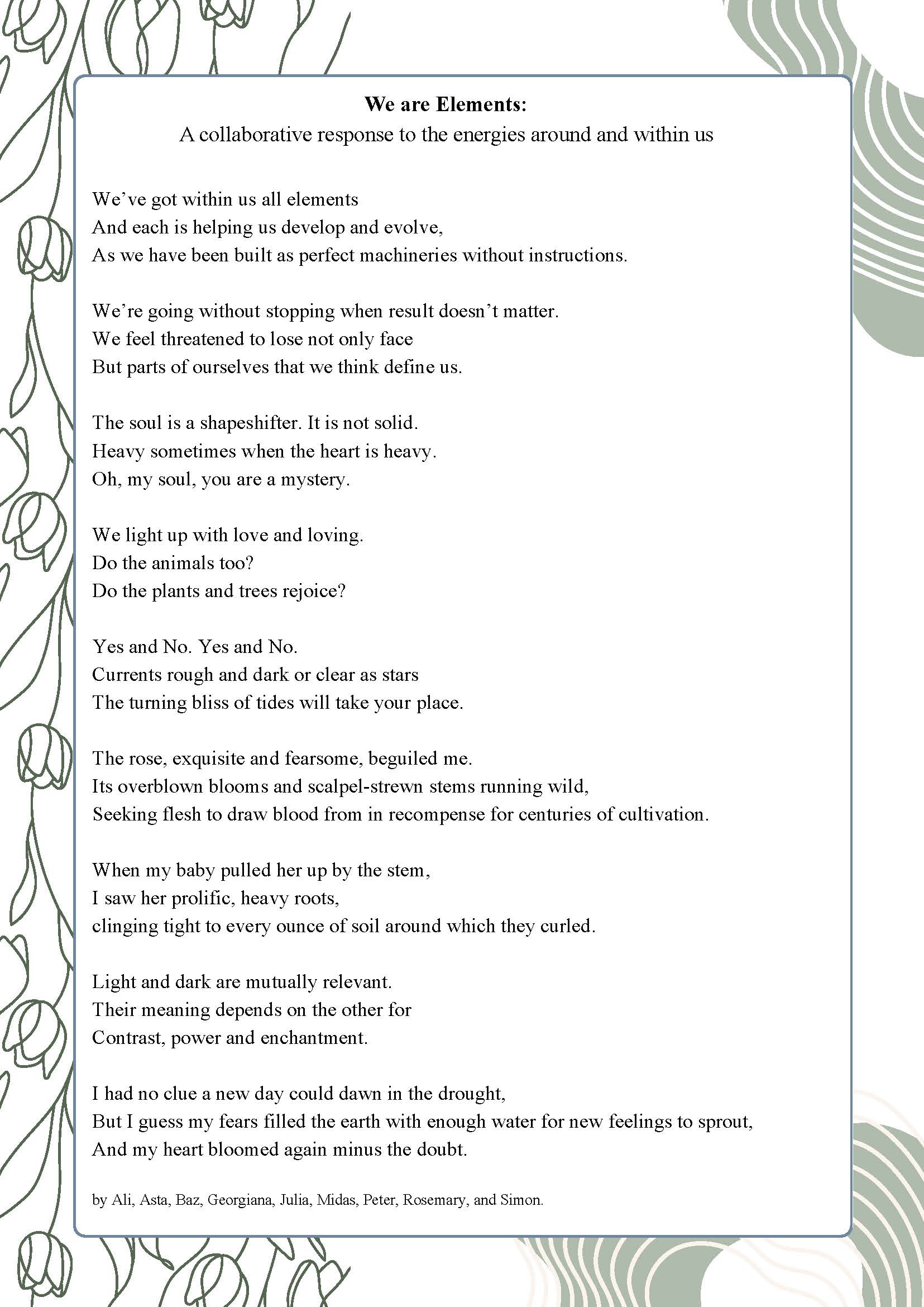A white page titled 'We are Elements:' with a poem in black text, framed by a green leafy border and line drawings of flowers and plants.