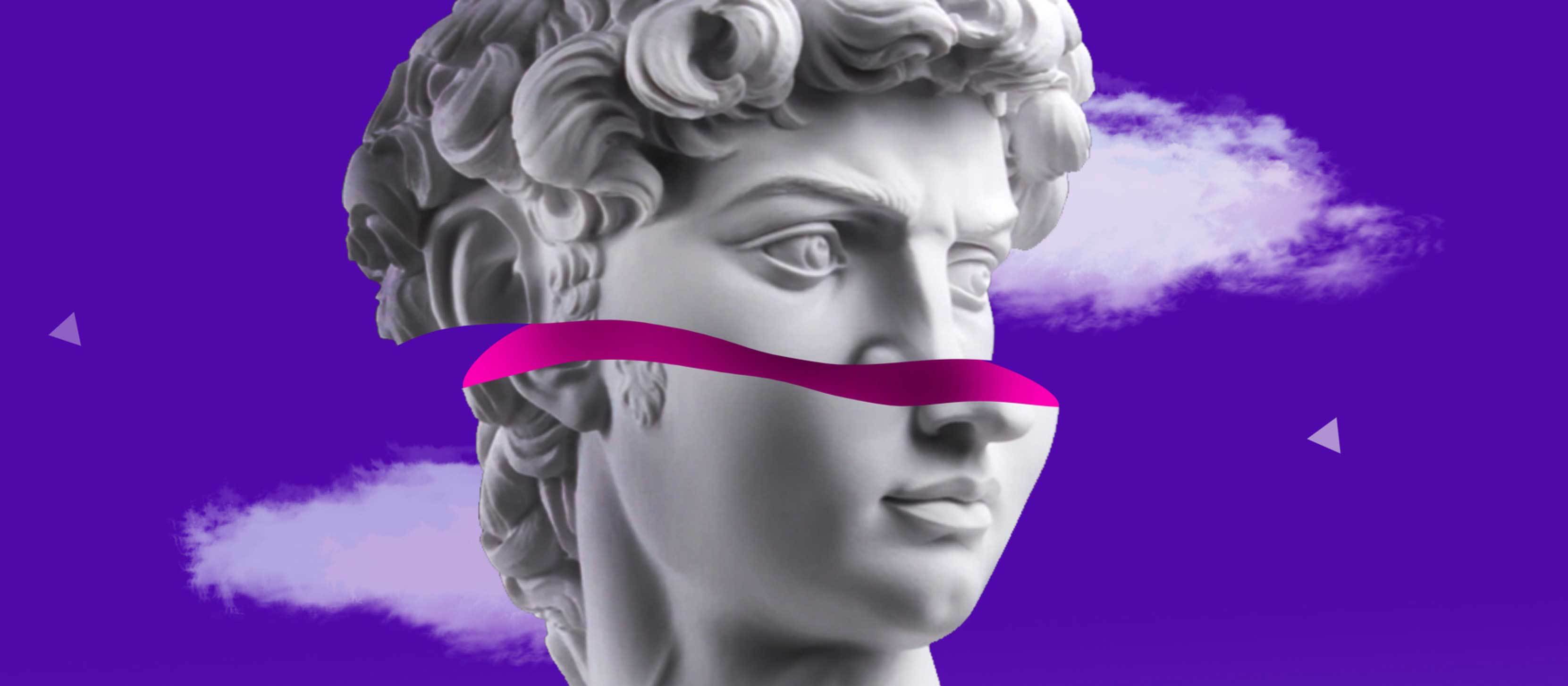 A Renaissance-style statue head cut in half with a purple pink colour inside the marble.