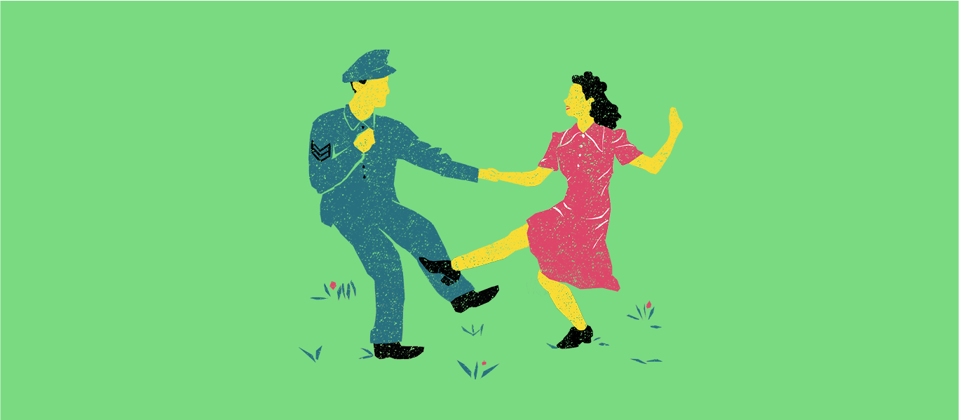 Green banner with illustrate police uniform person dancing with a female character in a pink dress