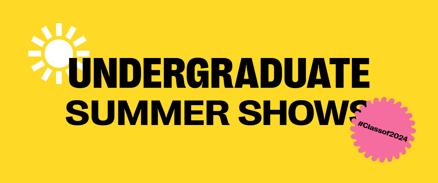 Yellow banner with black text reading "Undergraduate Summer Shows". A white sunshine icon appears in the top left, and a pink flower stamp appears in the bottom right containing text reading "#Classof2024".