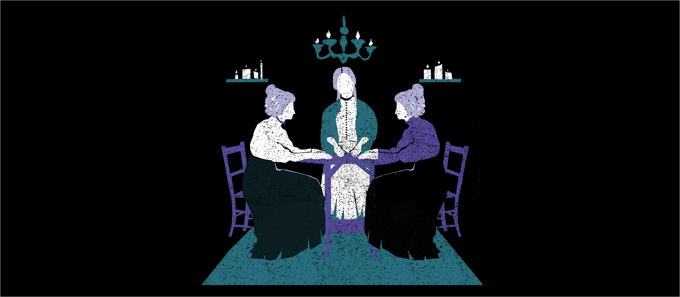 Black banner with illustrations of three elderly women facing each other