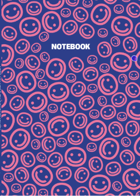 Cover of Arts University Bournemouth Registration Passport booklet, with repeating pink and blue circular smiley face pattern. White text reading "NOTEBOOK" centred in middle.