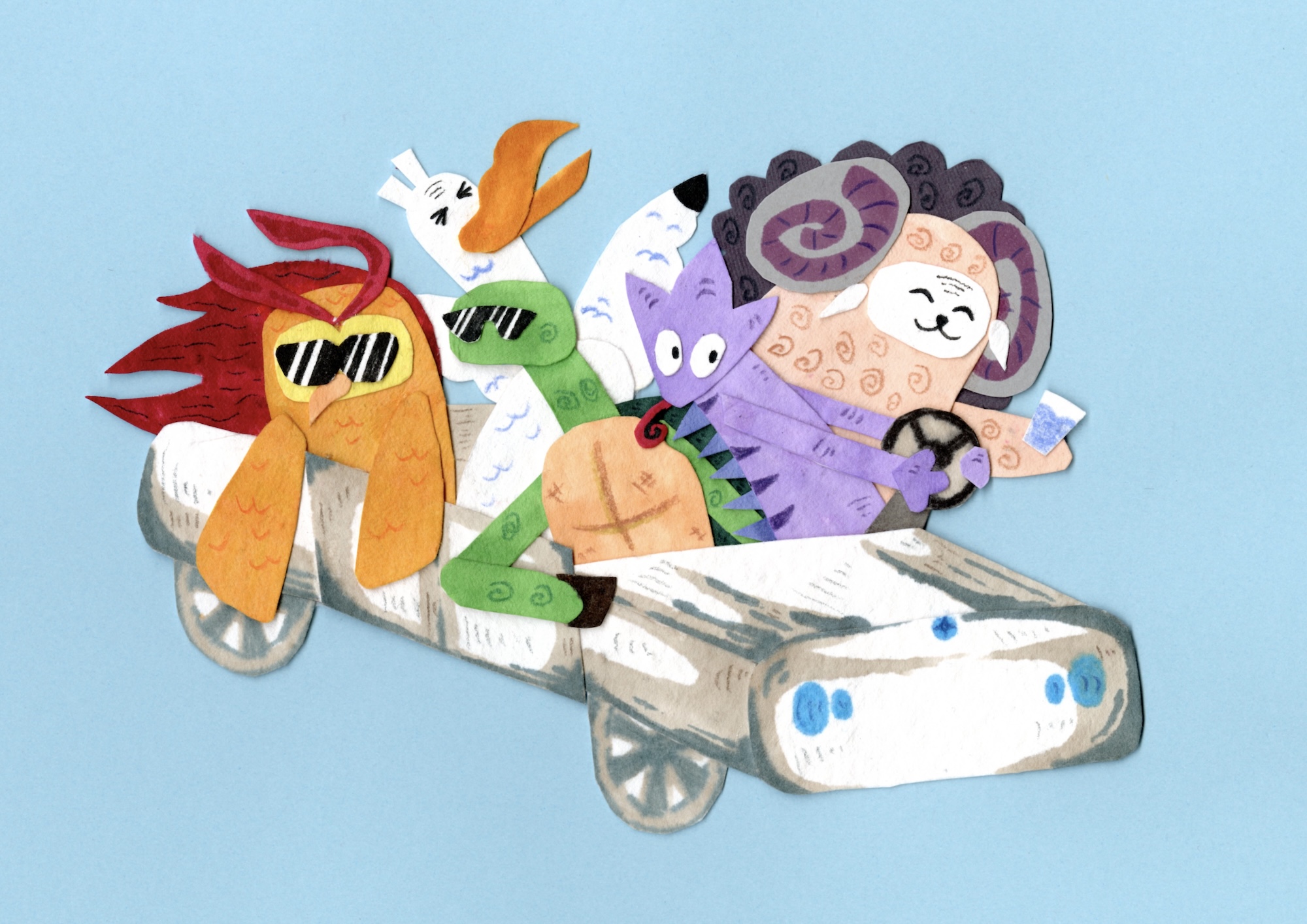 A collage of four cartoon animals riding in a white car on a light blue background, with the front passenger wearing sunglasses.