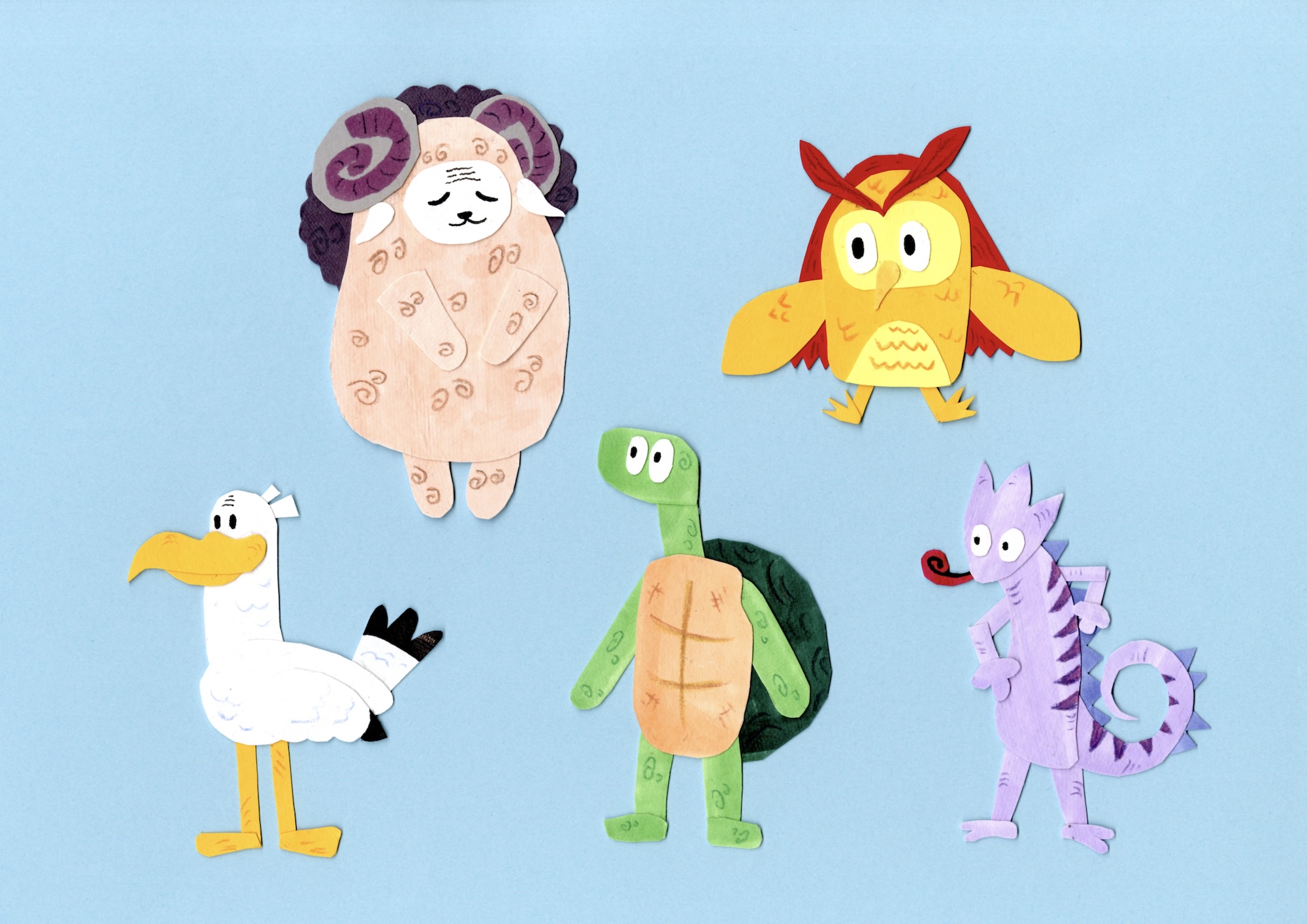Five colourful paper cut-out animal characters are arranged on a light blue background, including a white bird, a sheep, an owl, a turtle and a purple lizard.