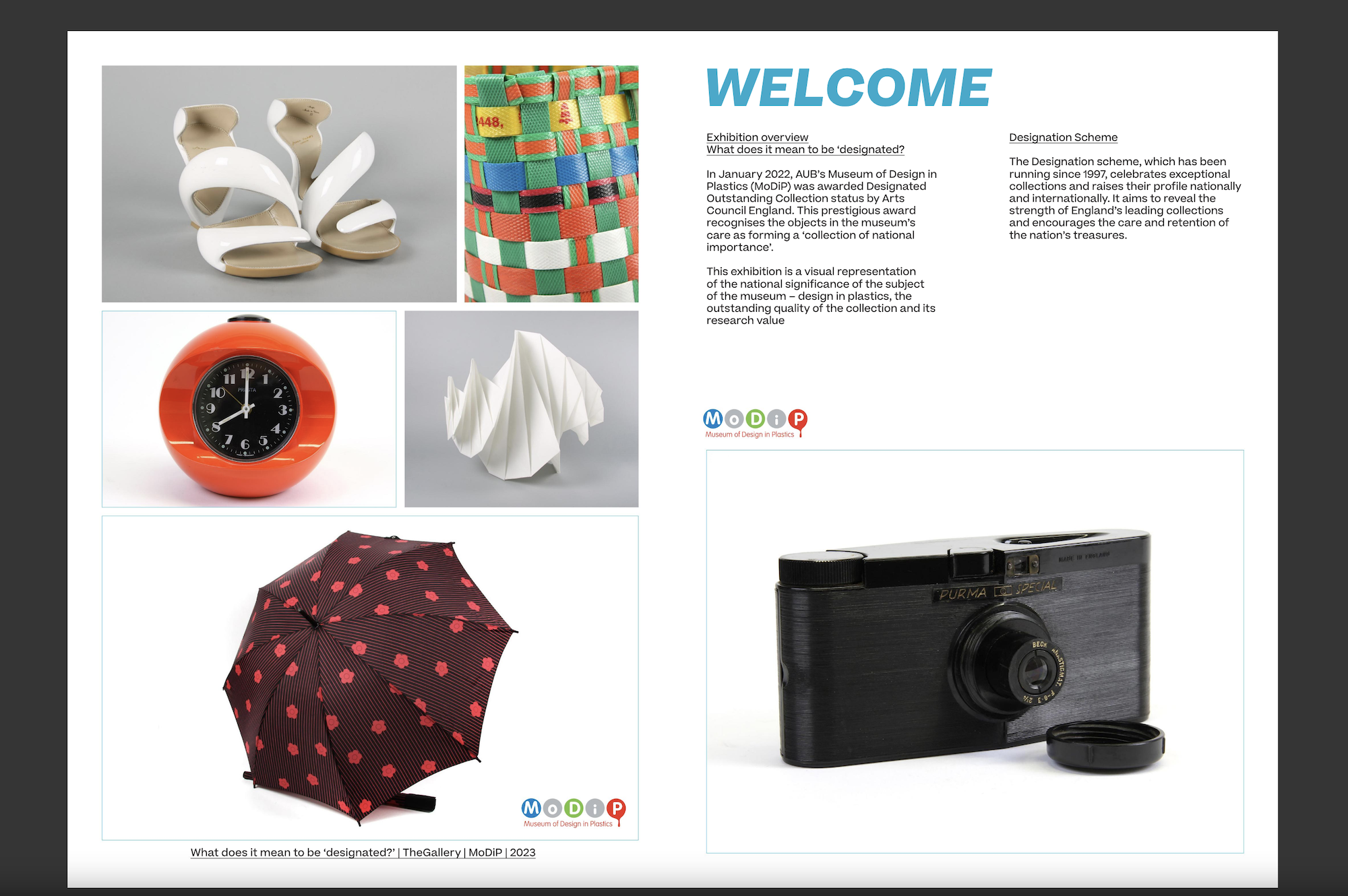 Exhibition catalogue page showing six design objects: white sculptural forms, colourful grid pattern, orange clock, white folded paper, black umbrella with red dots, and black camera.