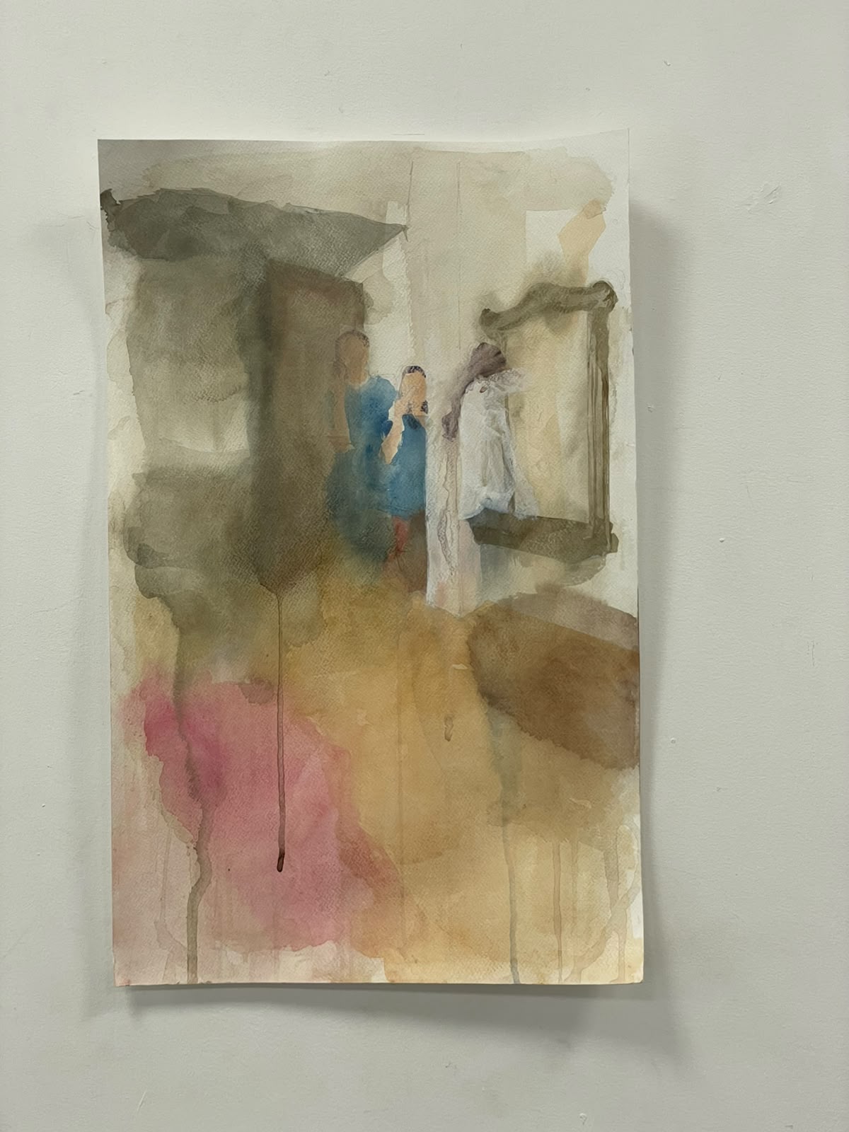 An abstract watercolour painting on a white wall, showing blurred figures in blue and white with pink and ochre washes.