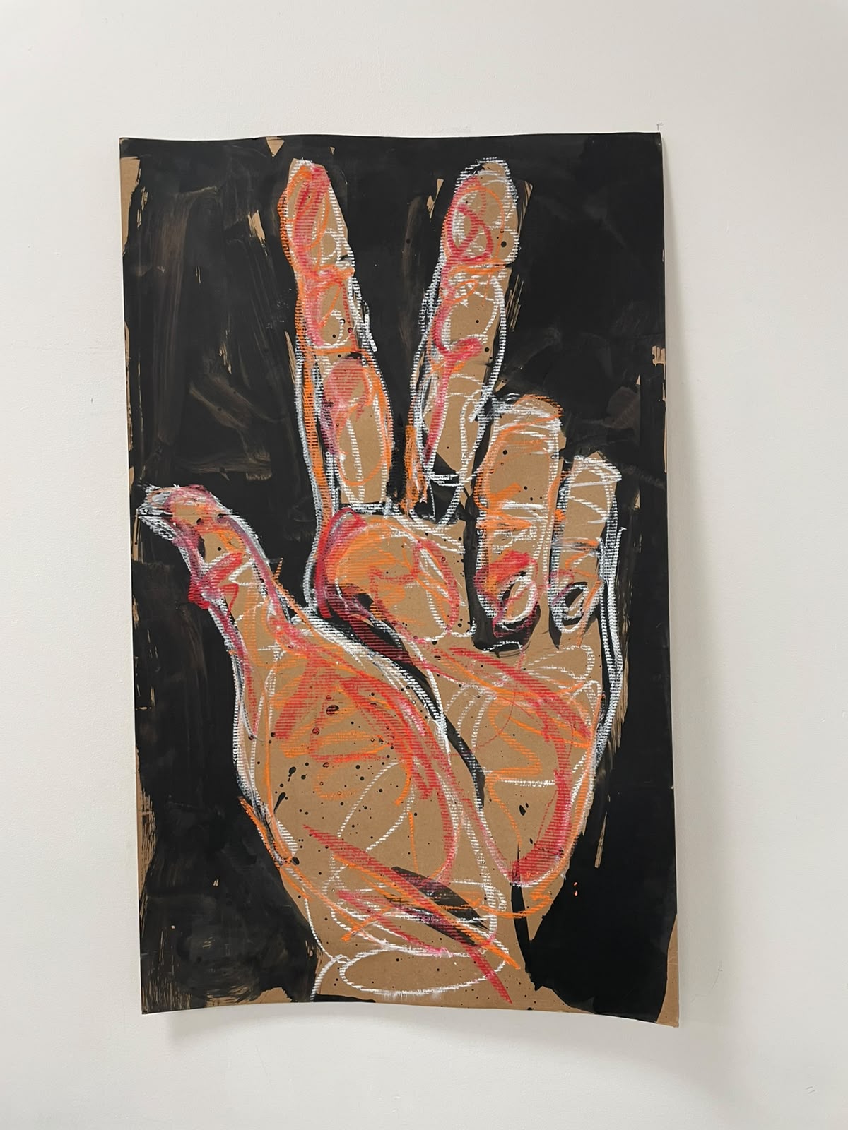 Abstract painting of a raised hand with three fingers extended on a black background, shown on white paper.