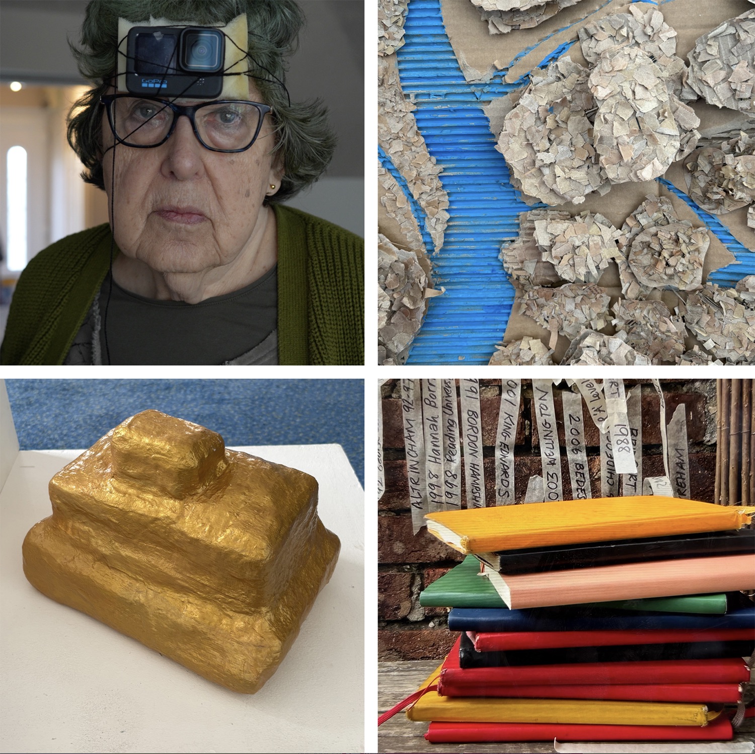 A four-panel collage shows an older woman wearing glasses and a head-mounted device, abstract blue and beige textured material, a gold-painted block sculpture on a white surface, and a stack of colourful notebooks beside labelled strips.