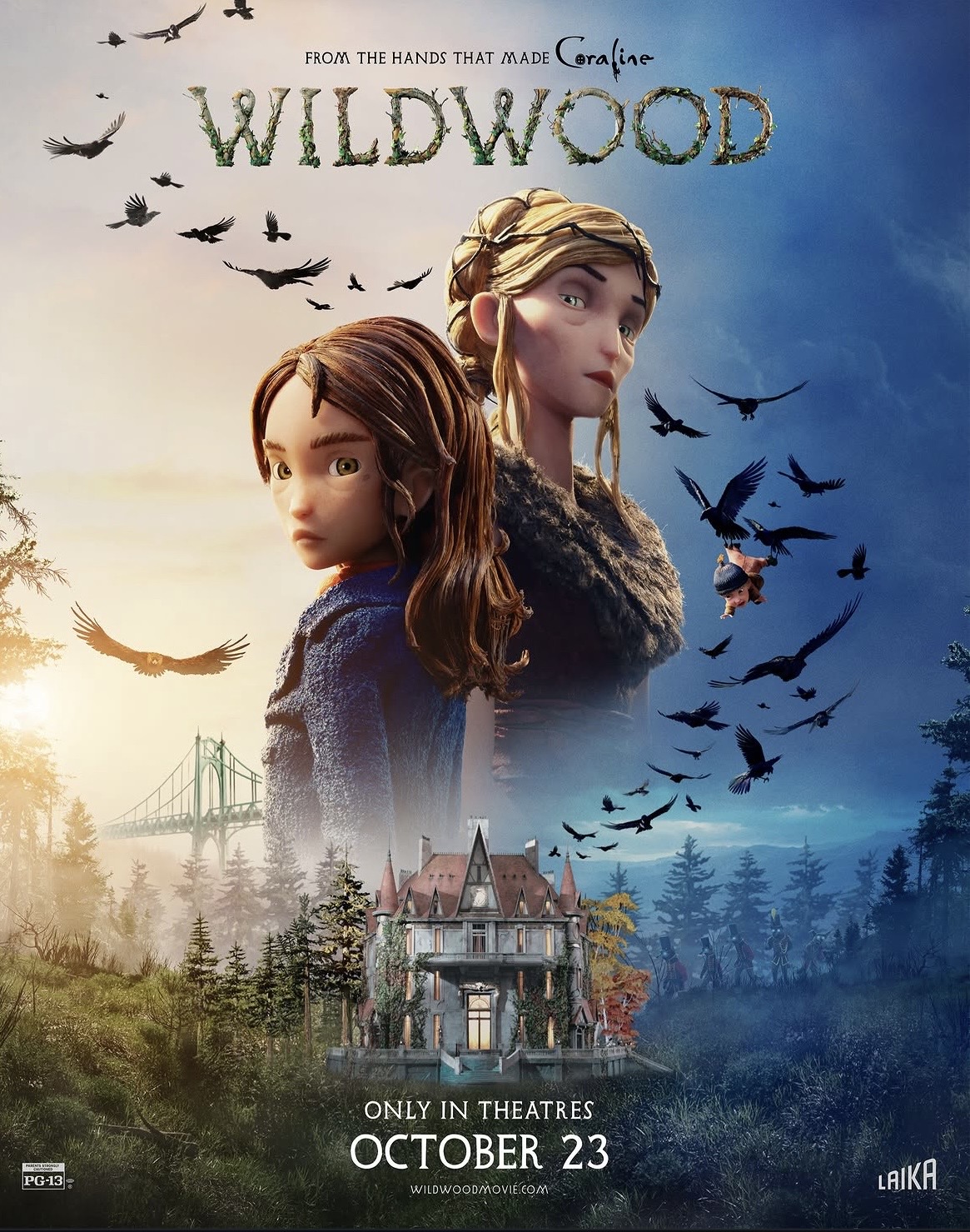 Poster for the film Wildwood, showing two animated girls back to back above a house in a forest, with birds flying across a split warm-to-blue sky and the release date October 23.