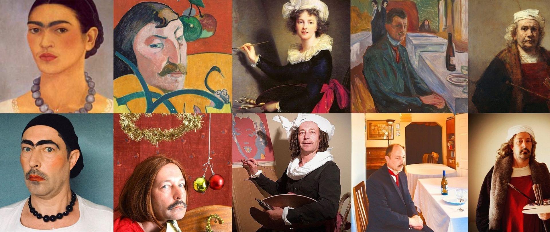 A series of paintings with photos underneath them. The photos show a man performing the same poses and actions as shown in the paintings.
