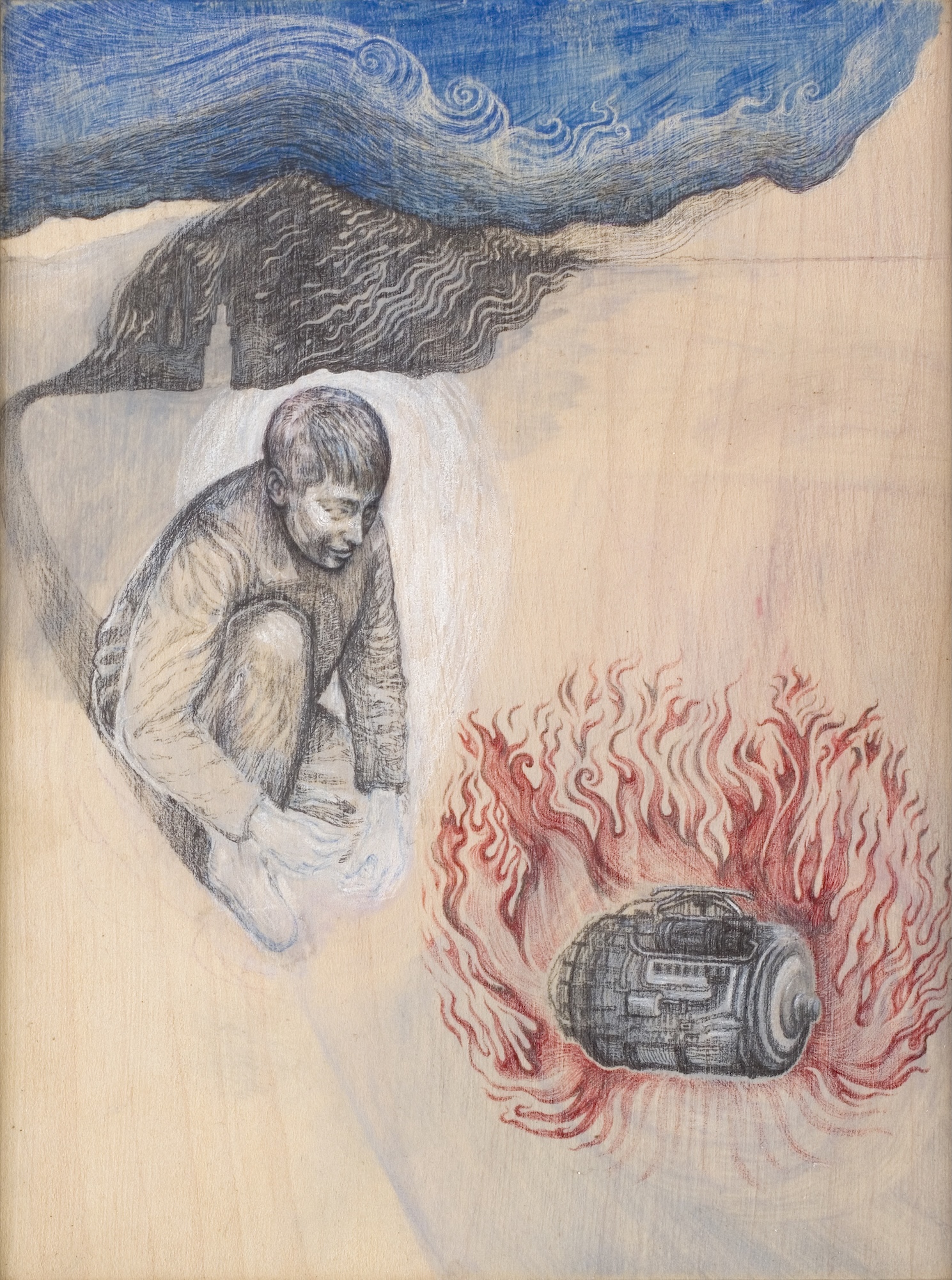 A pencil drawing shows a crouching person within a white, ghostlike shape beside a cylindrical machine surrounded by red flames, set against a beige background with blue swirling lines at the top.