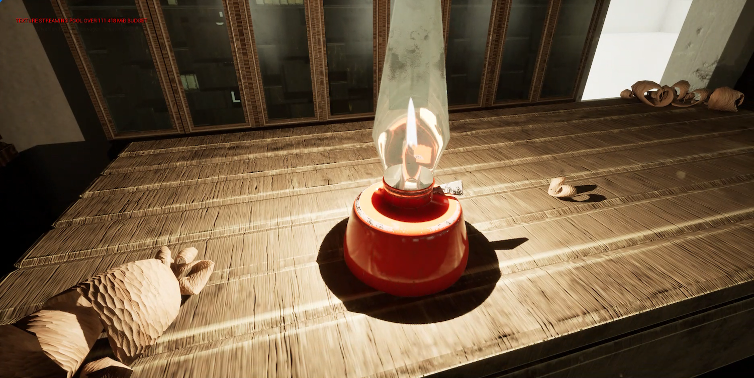 Red oil lamp with white flame on wooden table near staircase, rope coiled nearby, warm sunlight casting shadows.
