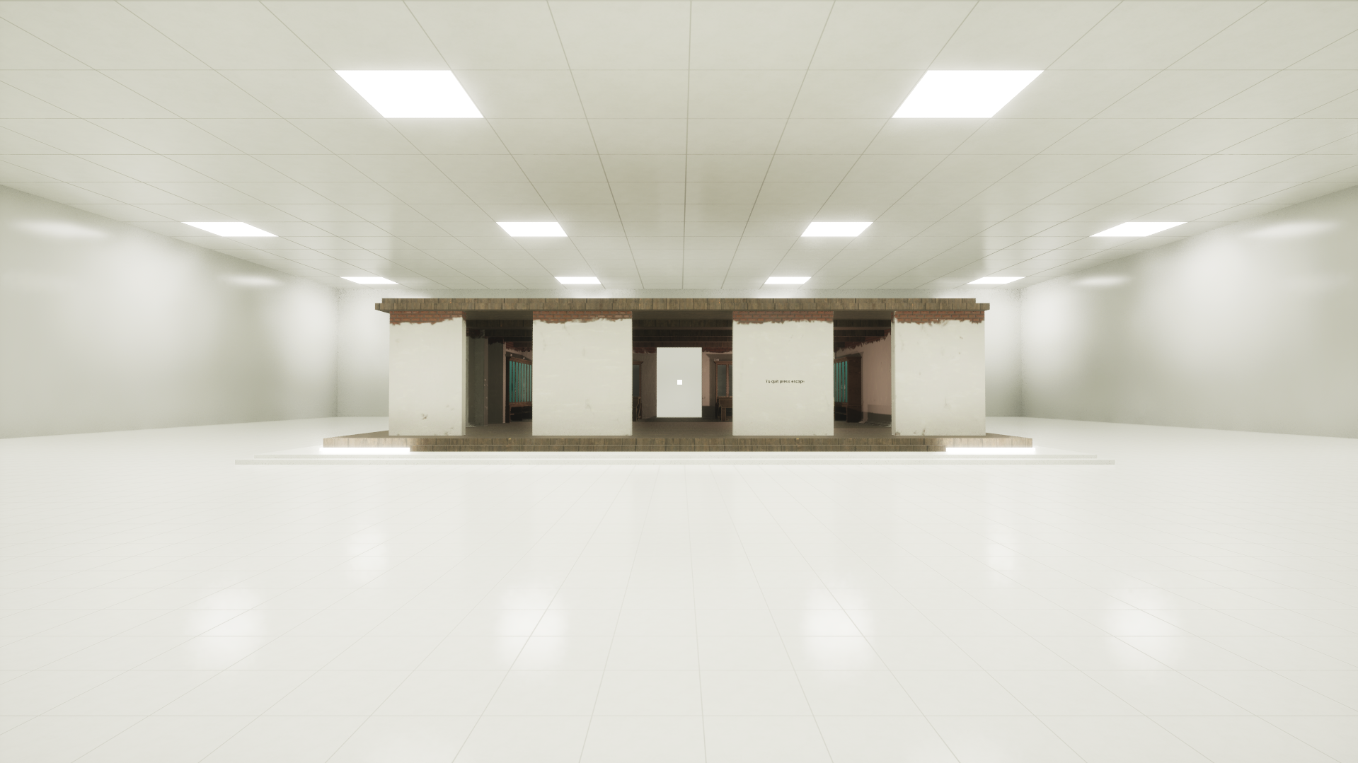 Large empty white room with fluorescent ceiling lights and dark wooden reception desk or counter in centre.