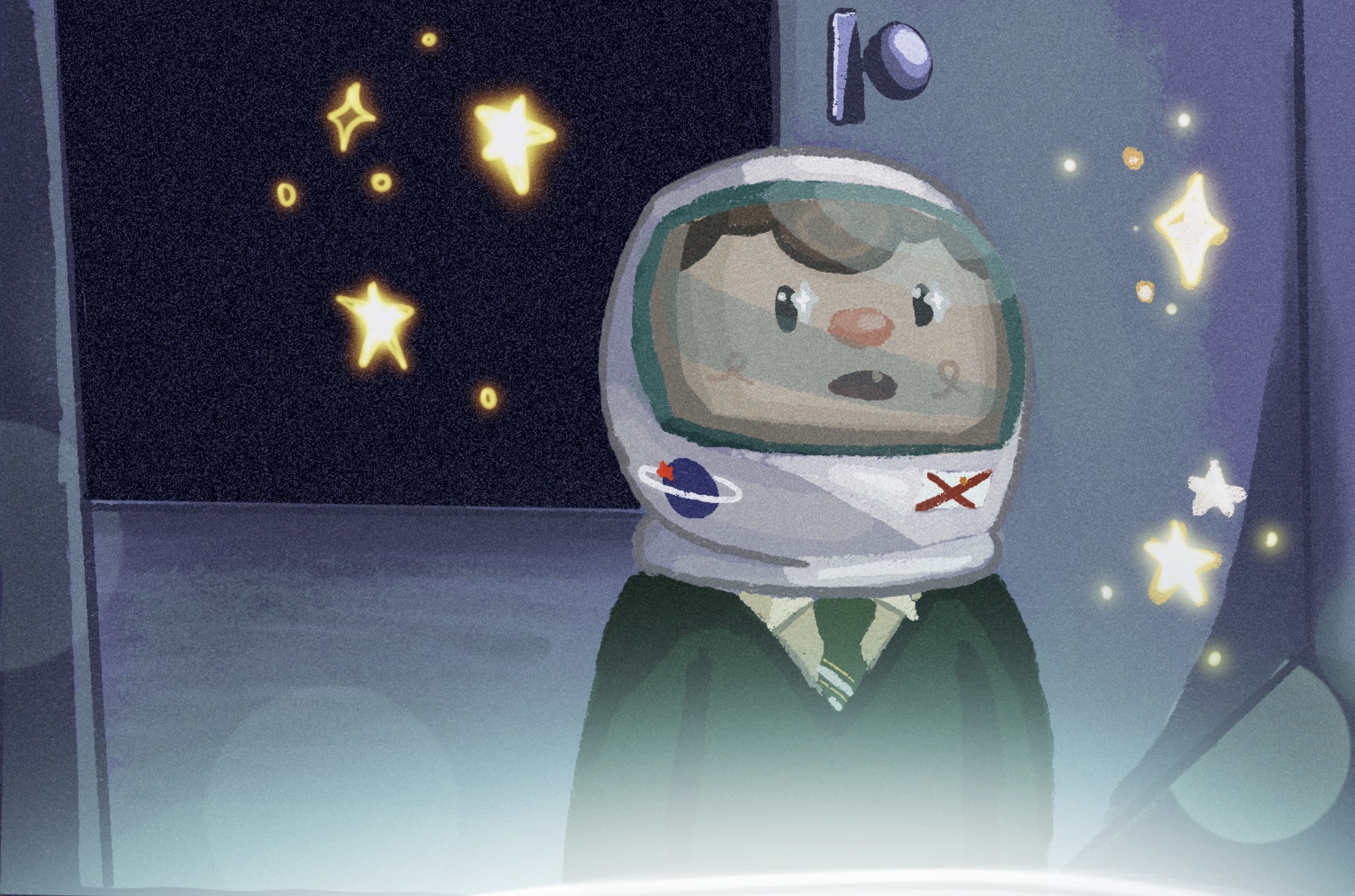 Illustration of a person wearing a space helmet, a sweater, shirt and tie, coming inside. A night sky with bright stars appear in the background.