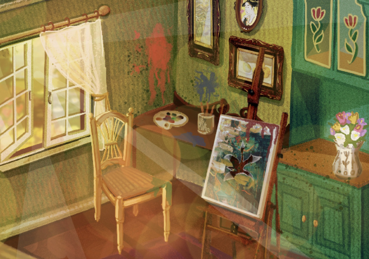 Illustration of a painter's room, with light streaming in through the window on the left. A desk with a chair, a palette and an easel holding a painted canvas appear next to a small sideboard with a vase of flowers on it.