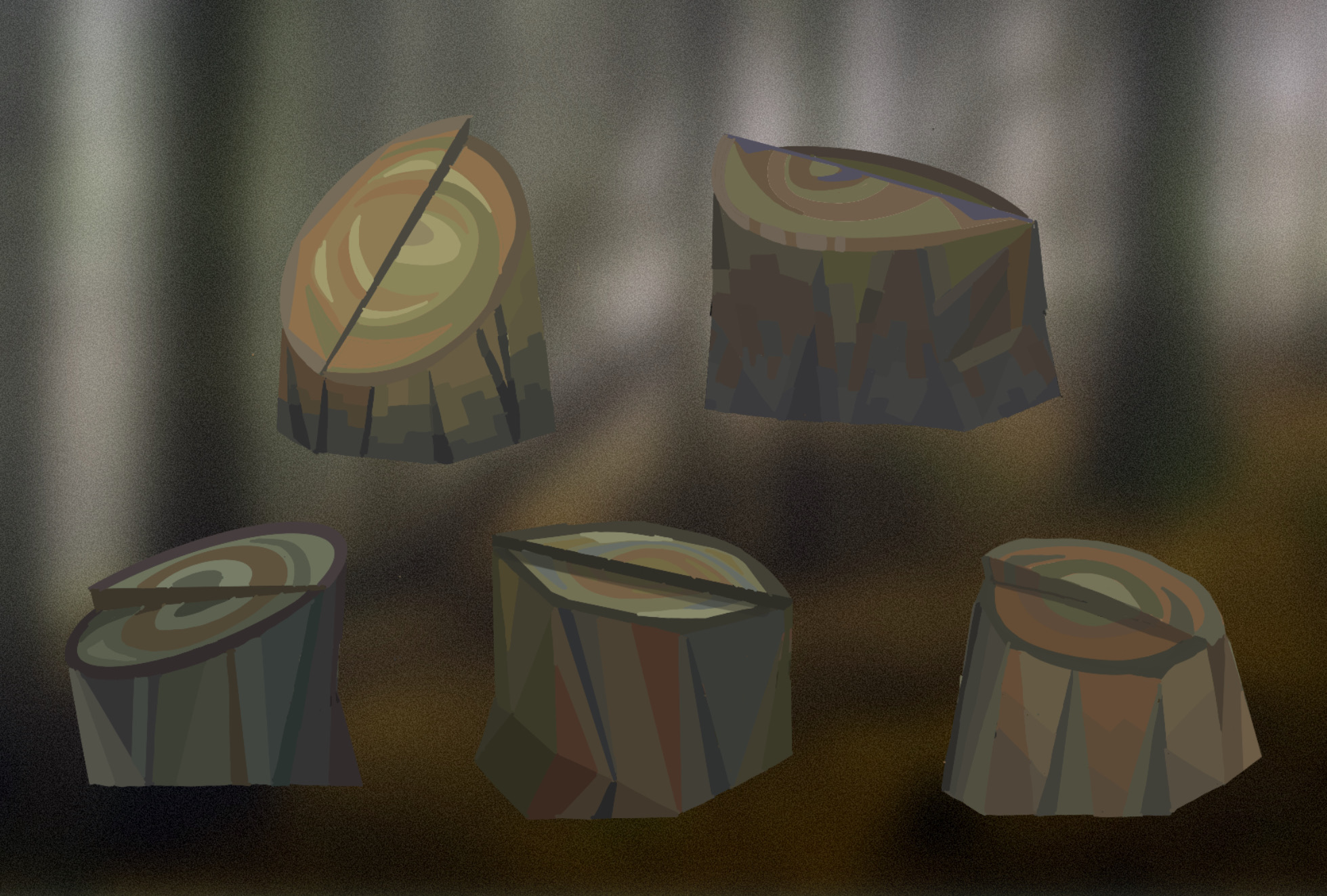 Illustrations of tree stumps shown at five different angles.