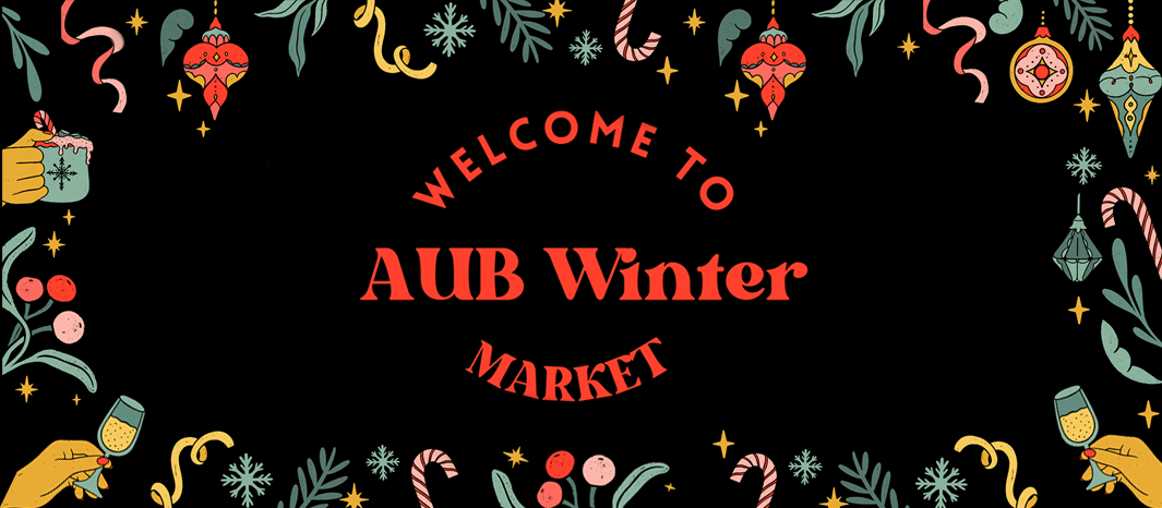 An AUB Winter Market banner with christmassy illustrations on a black background.