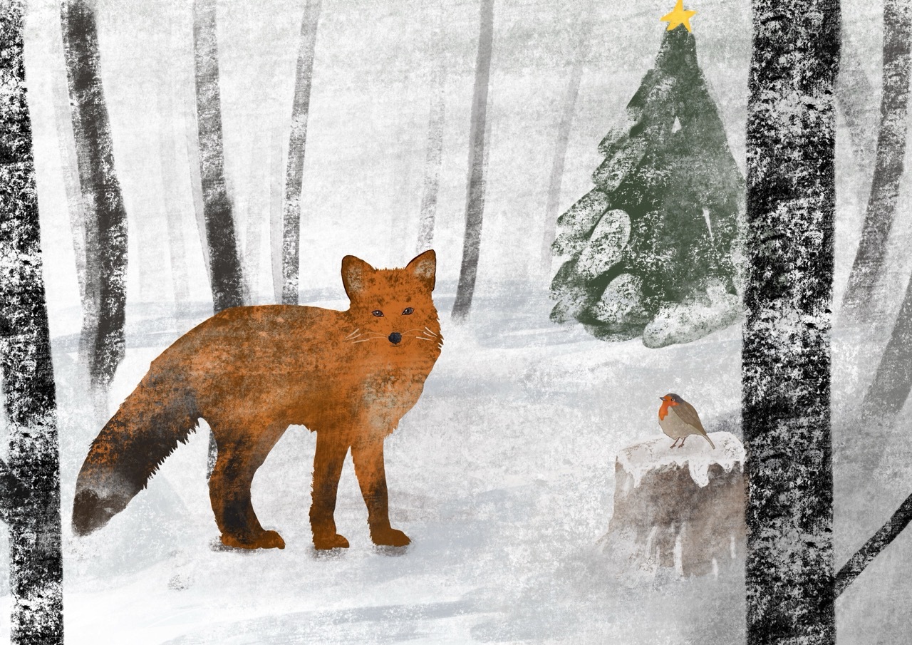 Illustration of a fox and a robin in a white snowy forest, Christmas tree in the background.